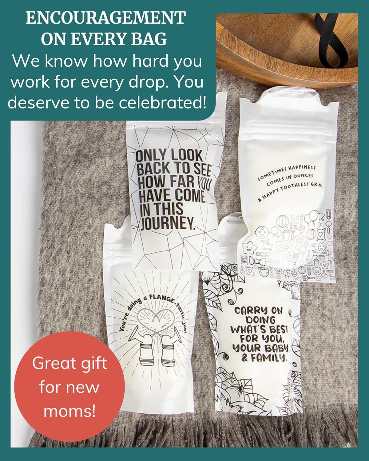 Communicates that the product packaging includes encouraging messages to support and celebrate new mothers during their breastfeeding journey, positioning it as a thoughtful gift option.