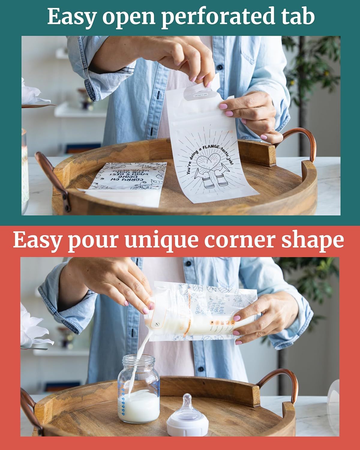 Demonstrates the two-step usage process for the product: opening the perforated tab and pouring from the unique corner shape, showing shoppers how simple and convenient the product is to use.