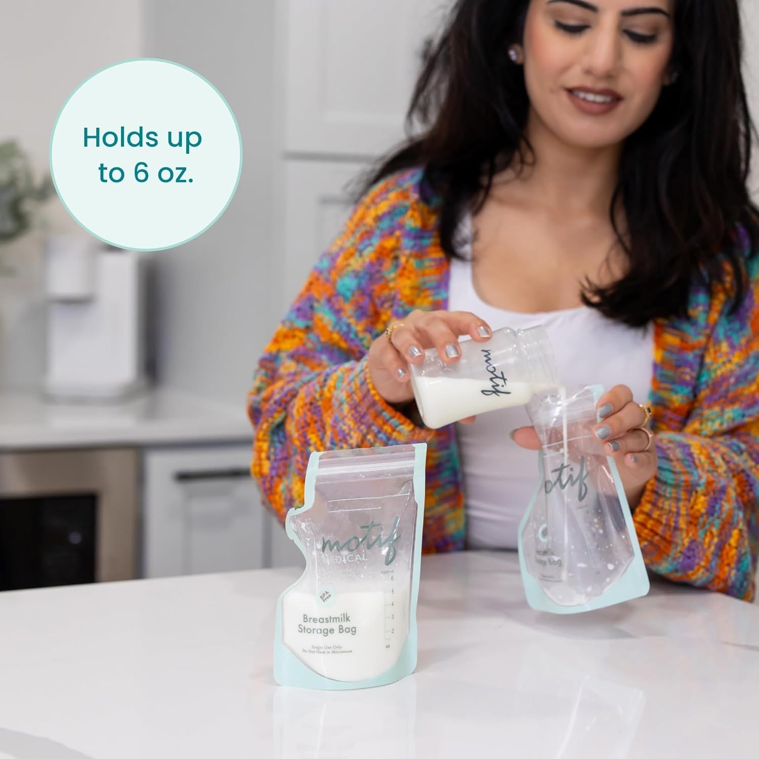 Communicates the storage capacity of the breastmilk storage bags to help shoppers understand how much milk each bag can hold. Highlights the practical benefit of the product's 6 oz capacity in a…