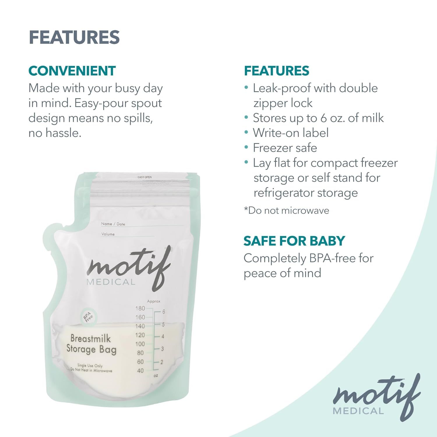 Communicates multiple distinct product benefits in a segmented layout to show parents the convenience, safety, and versatility of the breastmilk storage bag.
