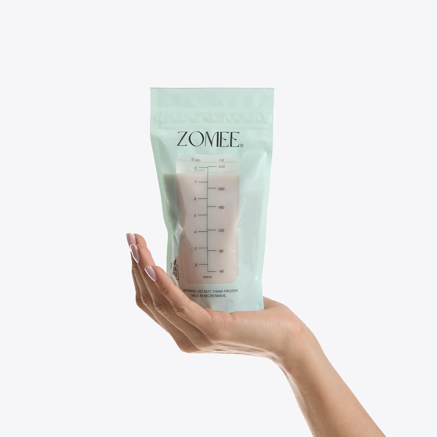 Demonstrates the compact, portable size of the breast milk storage bag by showing it held in a hand, reassuring shoppers that it is convenient and space-efficient for storage and travel. Highlights…