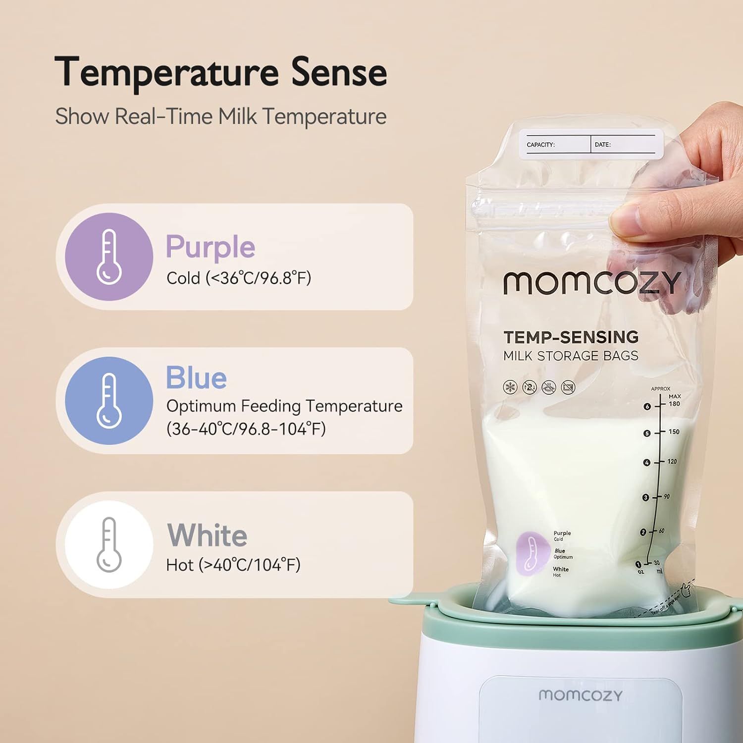 Communicates that the milk storage bags feature real-time temperature sensing that changes color to indicate whether milk is cold, at optimal feeding temperature, or hot, providing safety and…