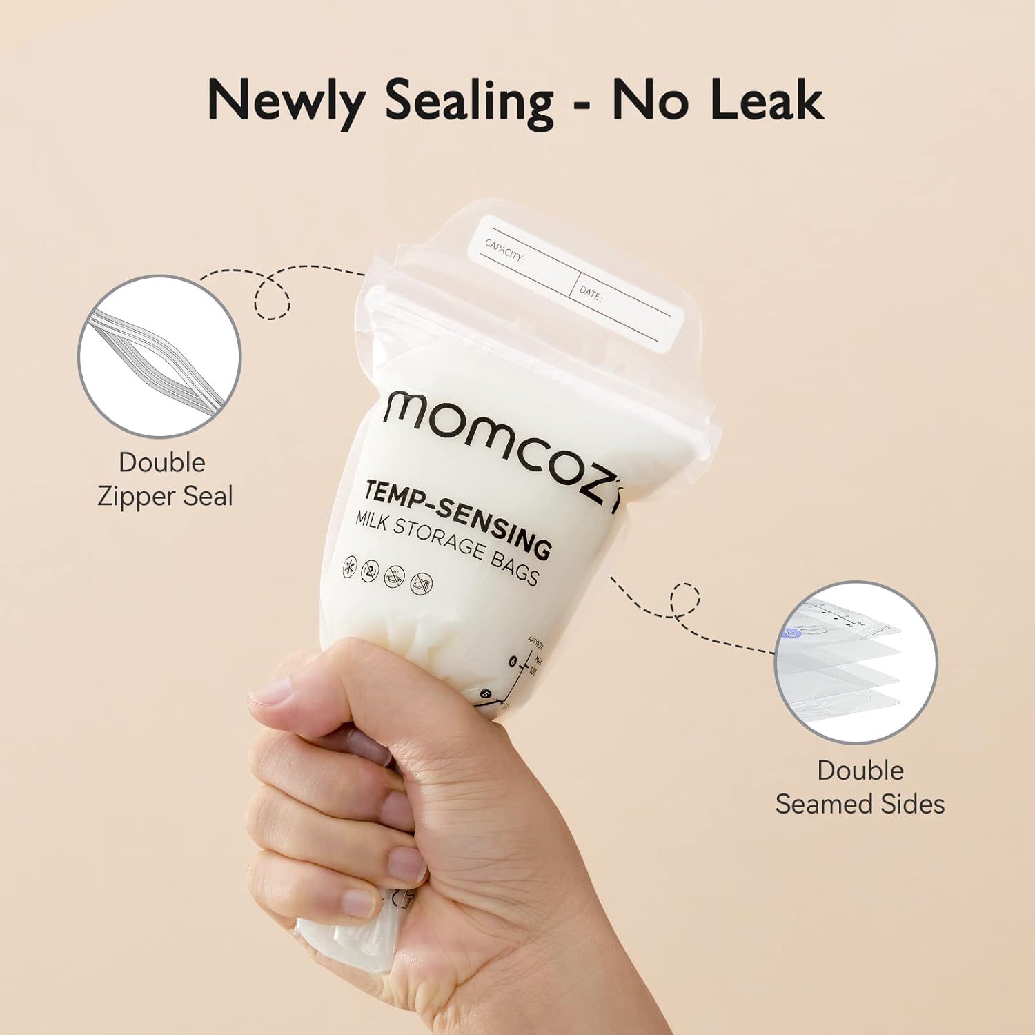 Highlights the product's leak-proof construction by pointing out the double zipper seal and double seamed sides, reassuring shoppers that the milk storage bags are secure and reliable.