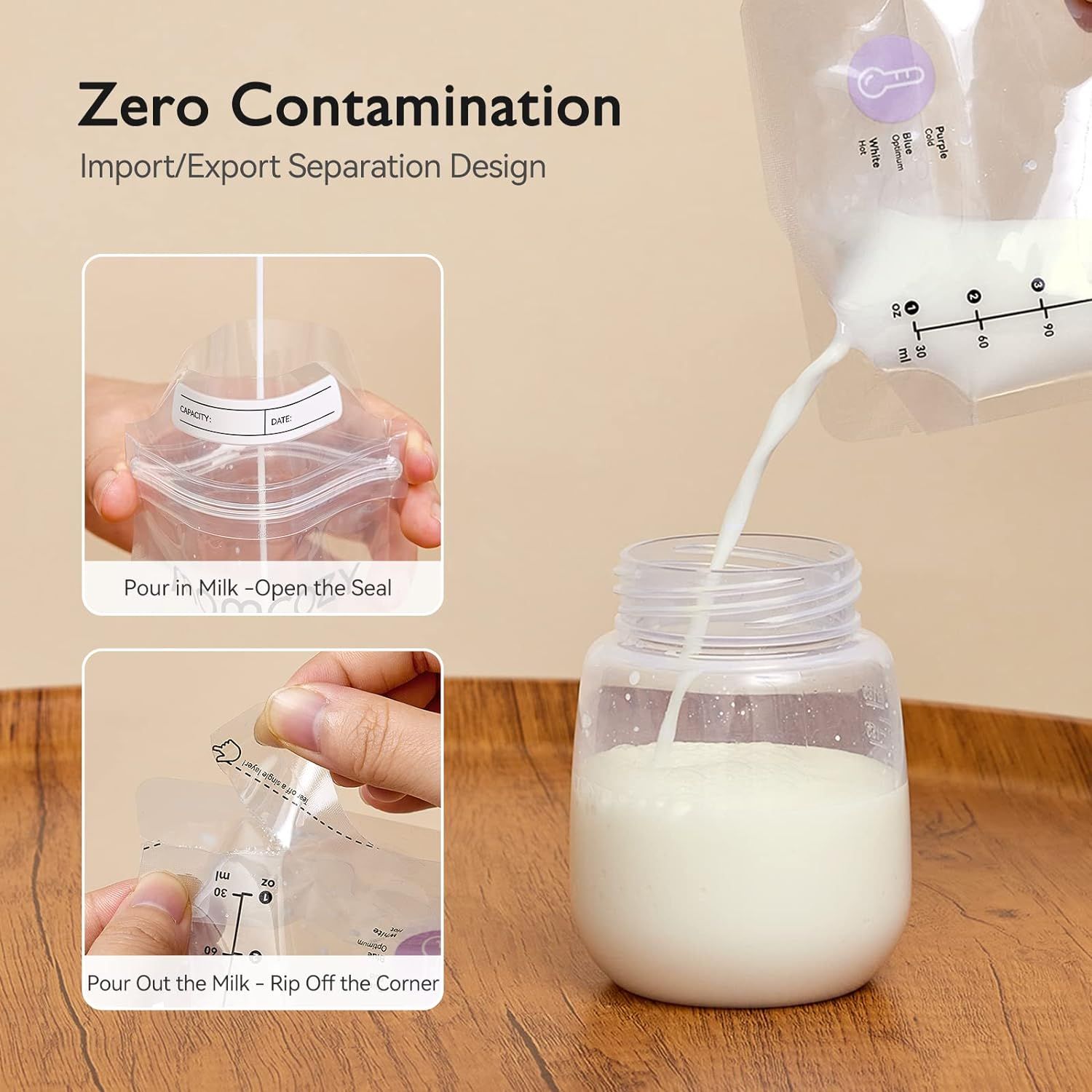 Demonstrates the two-step process for using the breast milk storage bag's unique separation design to prevent contamination when pouring milk in and out. Highlights the key benefit of the…