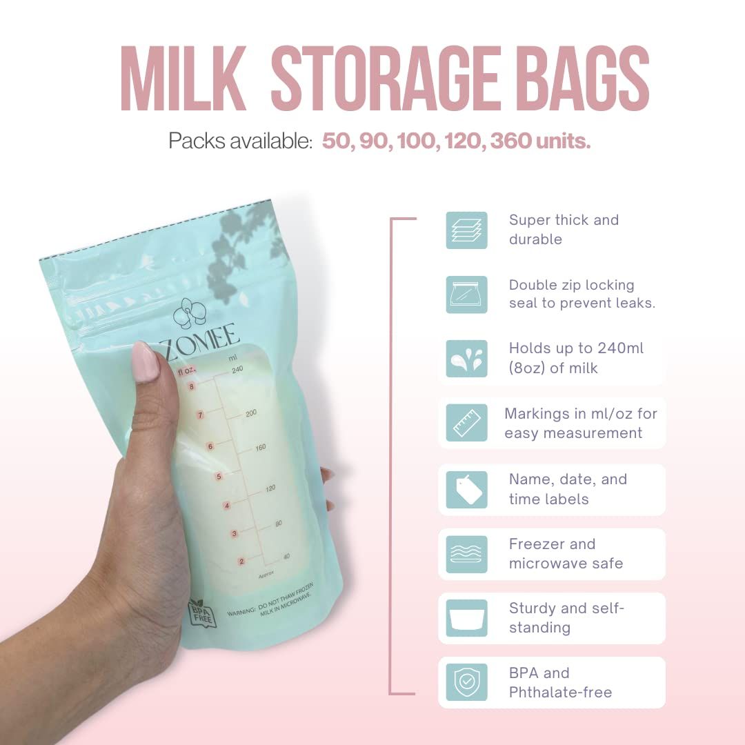 Communicates the comprehensive feature set of the milk storage bags through a visually segmented layout with icons, highlighting multiple benefits including durability, leak prevention, capacity,…