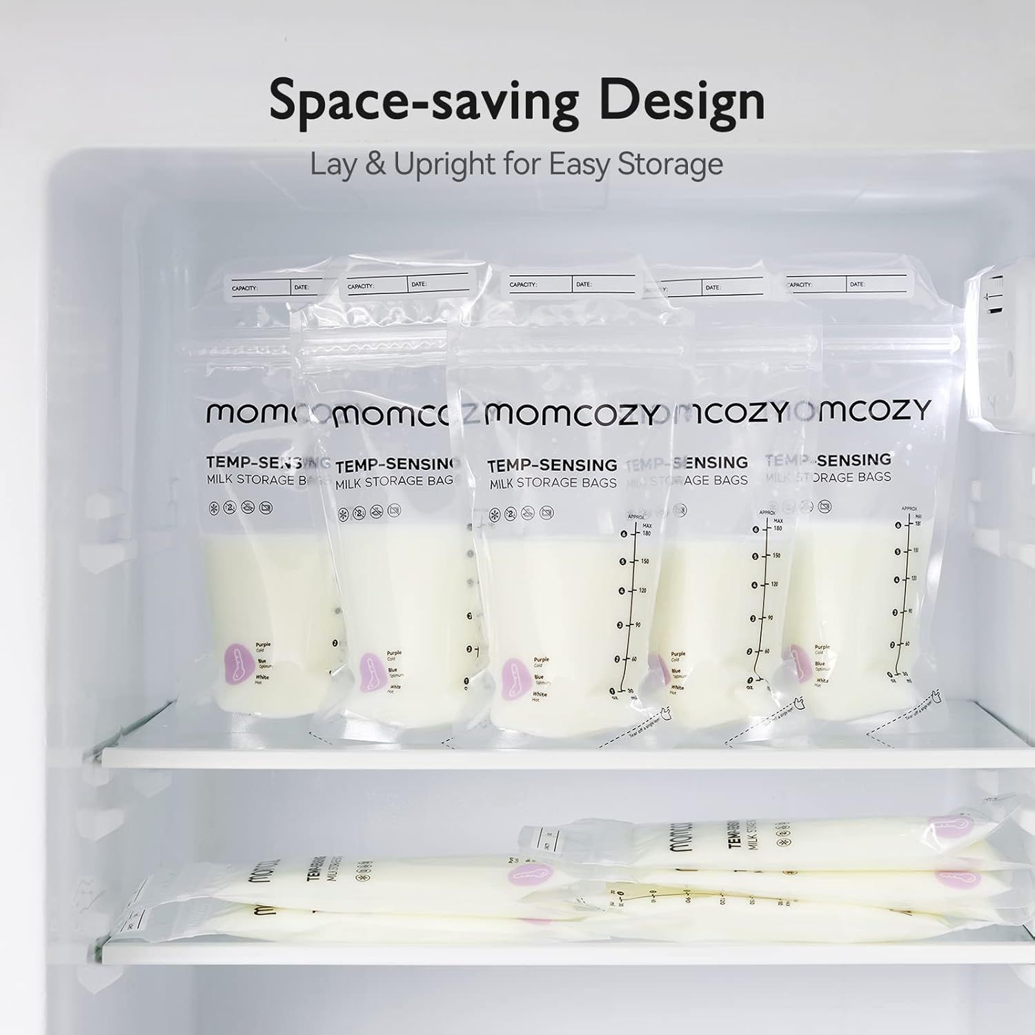 Demonstrates that the milk storage bags can be stored both upright and laying flat in the refrigerator, emphasizing the space-saving convenience for parents.