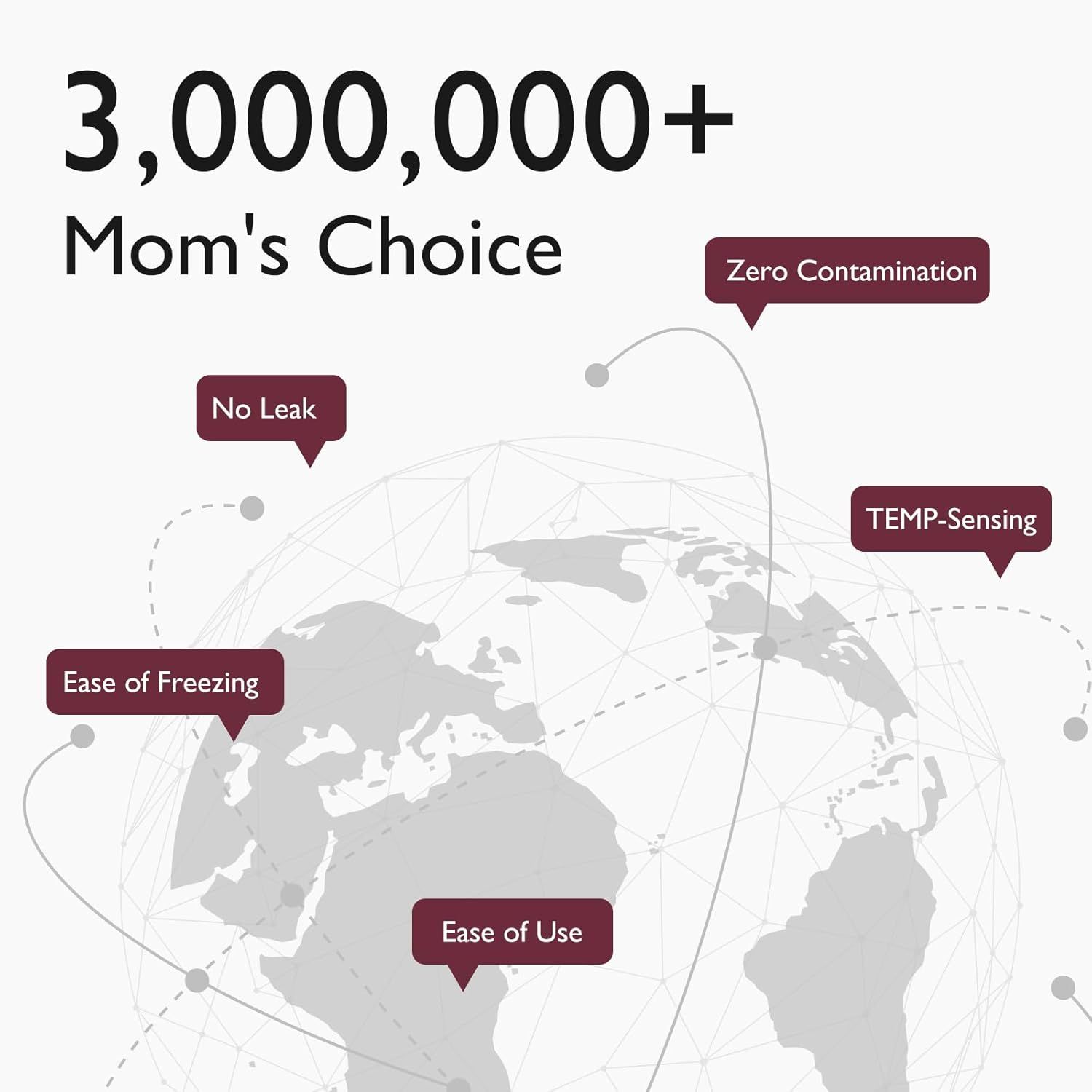 Communicates multiple distinct product benefits to reassure moms that this product is safe, convenient, and trusted by millions of users worldwide.