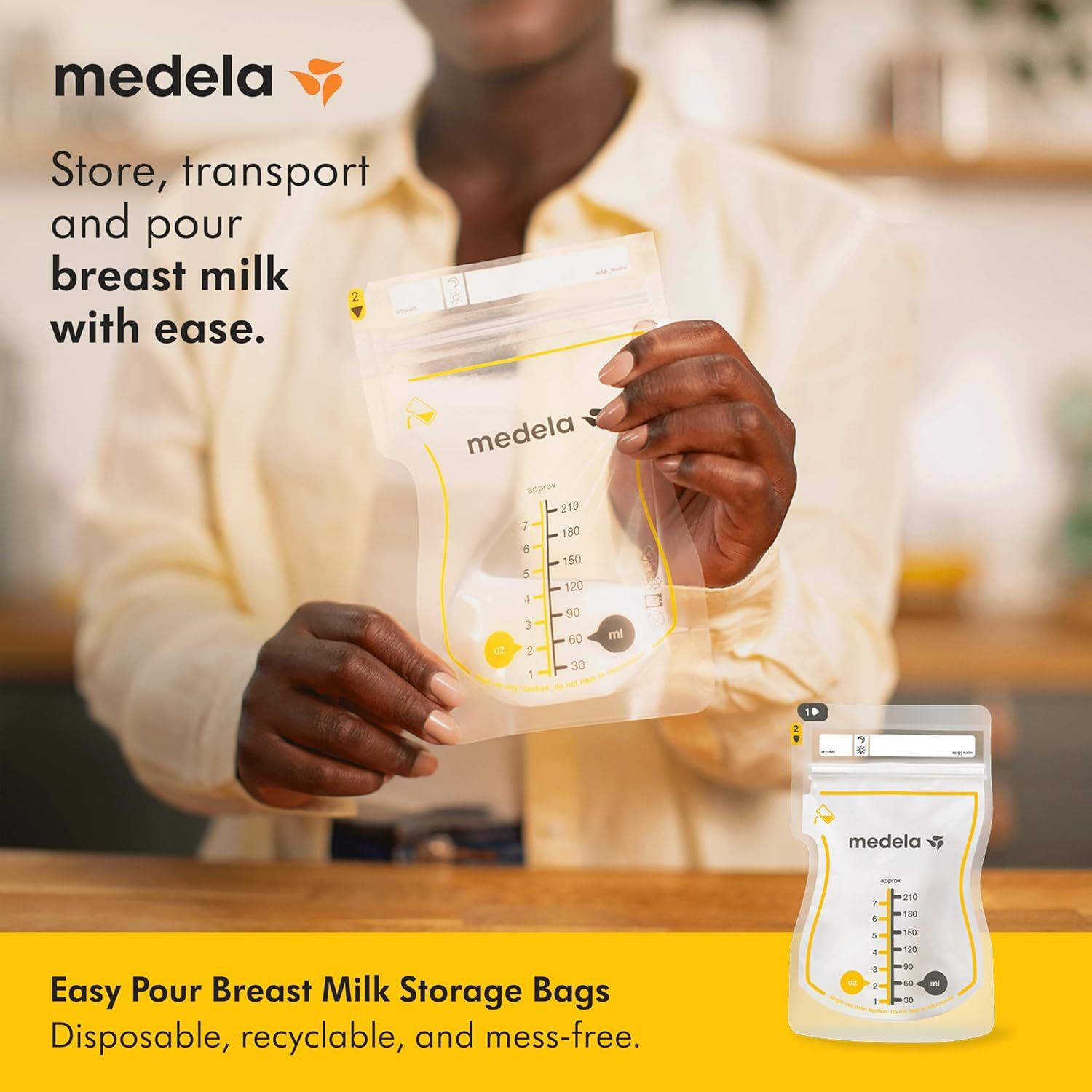 Communicates the convenience and ease of storing, transporting, and pouring breast milk using the Medela storage bags, emphasizing the mess-free and disposable nature of the product.