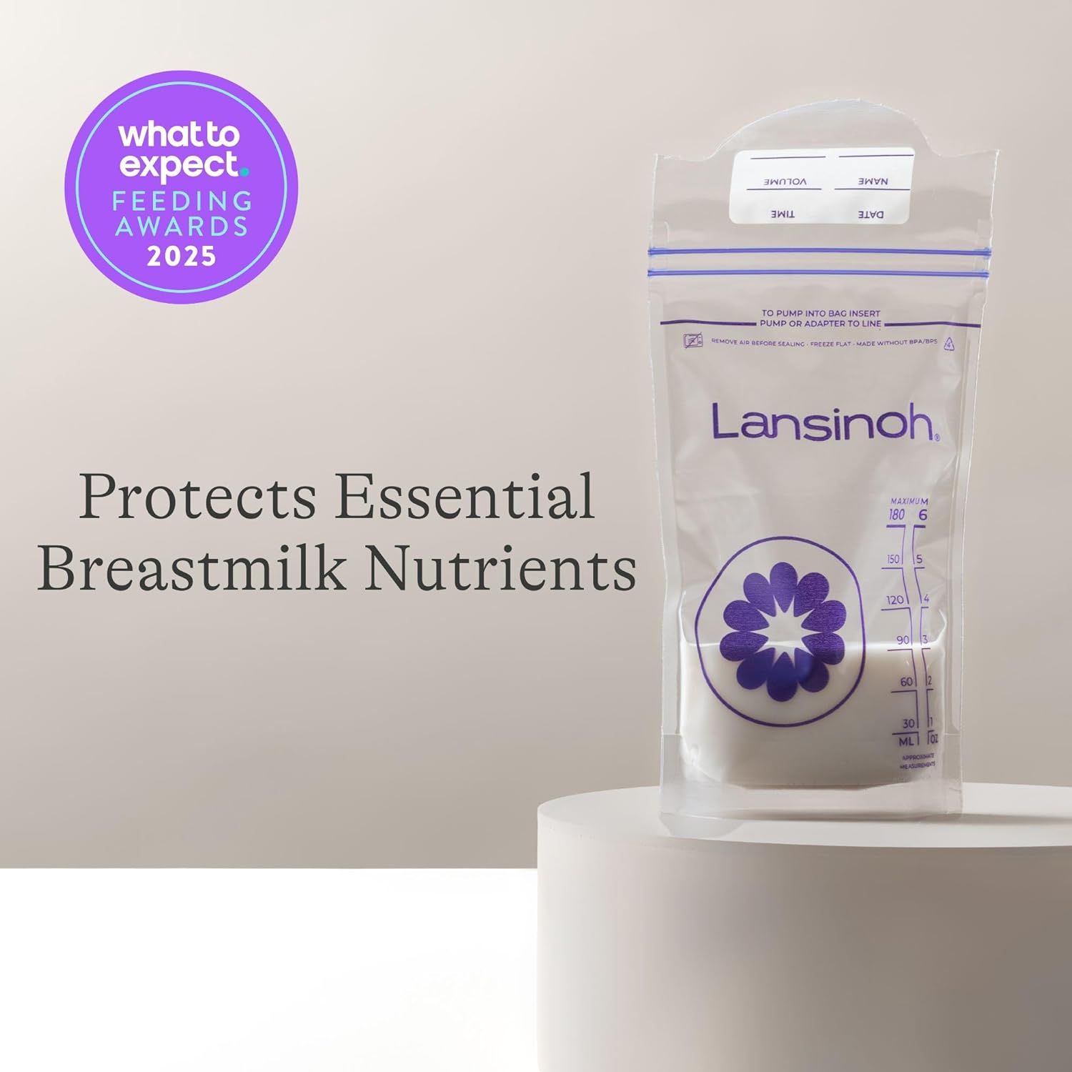 Communicates that the Lansinoh breastmilk storage bag protects essential nutrients in breastmilk, reassuring mothers about quality preservation. Displays the What to Expect Feeding Awards 2025 badge…