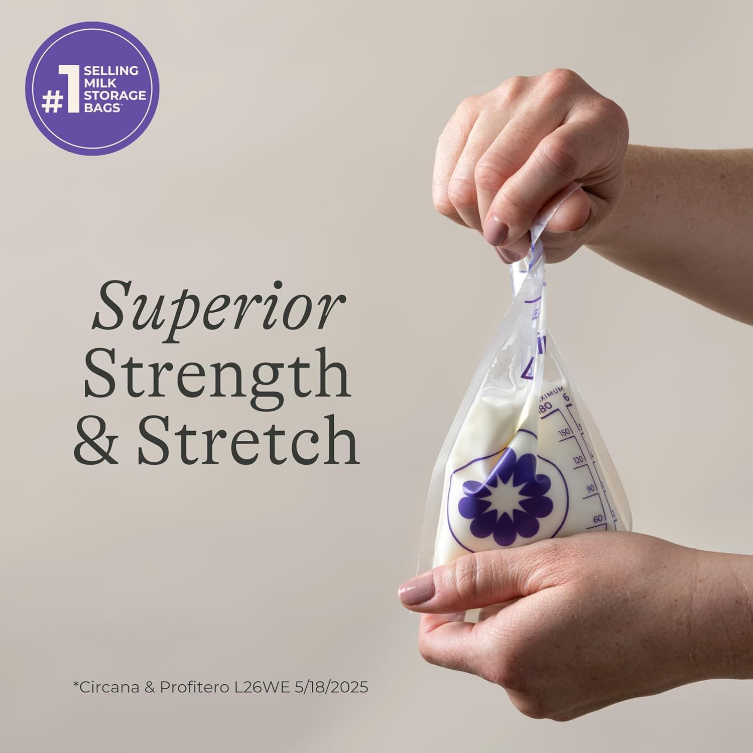 Demonstrates the durability and flexibility of the milk storage bags by showing hands stretching a filled bag, reassuring parents that the bags won't tear or leak.