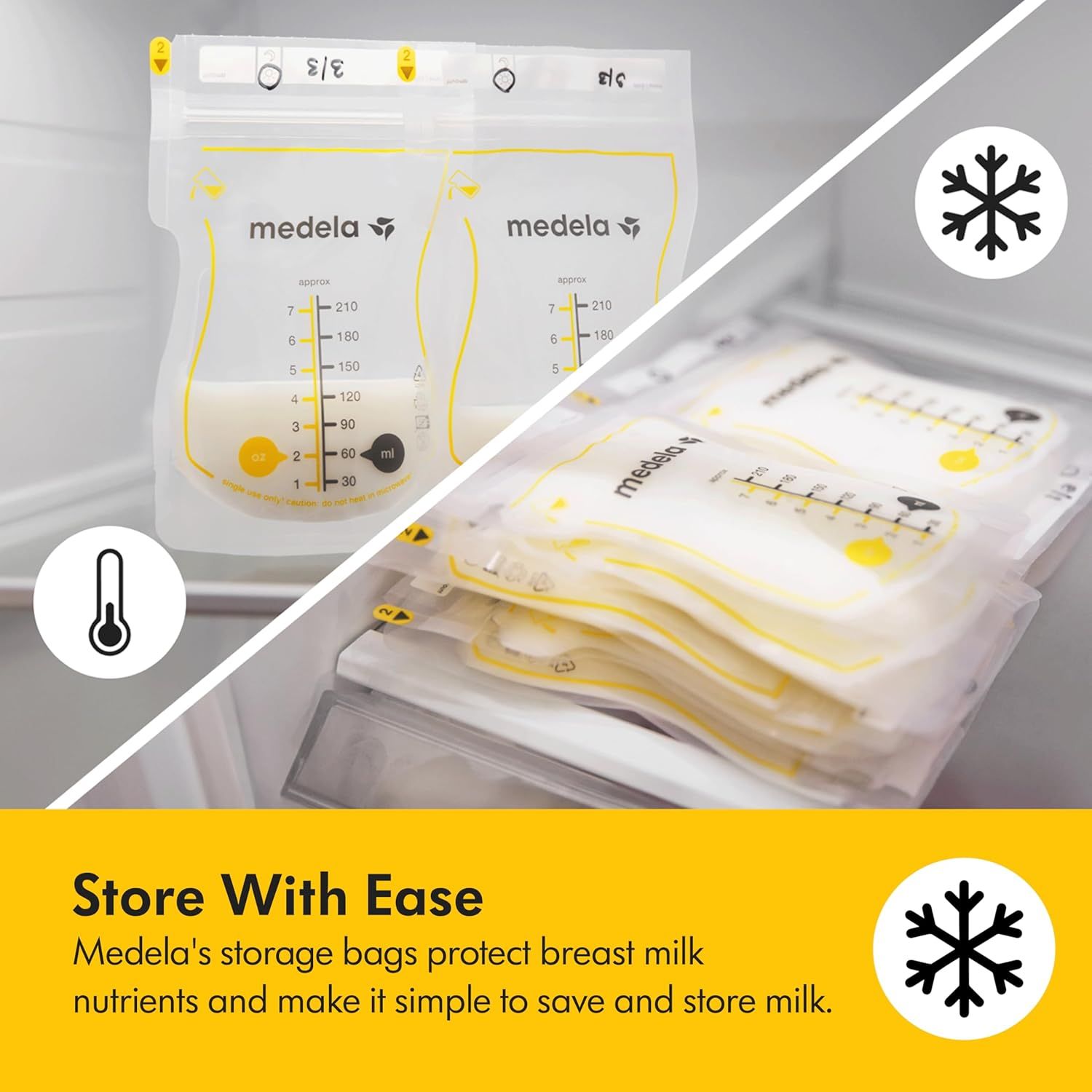 Communicates that the Medela storage bags make it simple and convenient to store breast milk, protecting nutrients while saving space in the freezer.