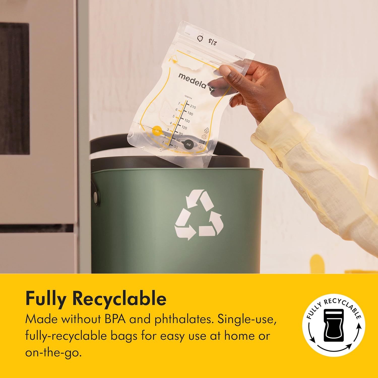 Communicates that the product is environmentally responsible and safe, being fully recyclable and made without harmful chemicals like BPA and phthalates. Highlights the eco-friendly benefit of the…
