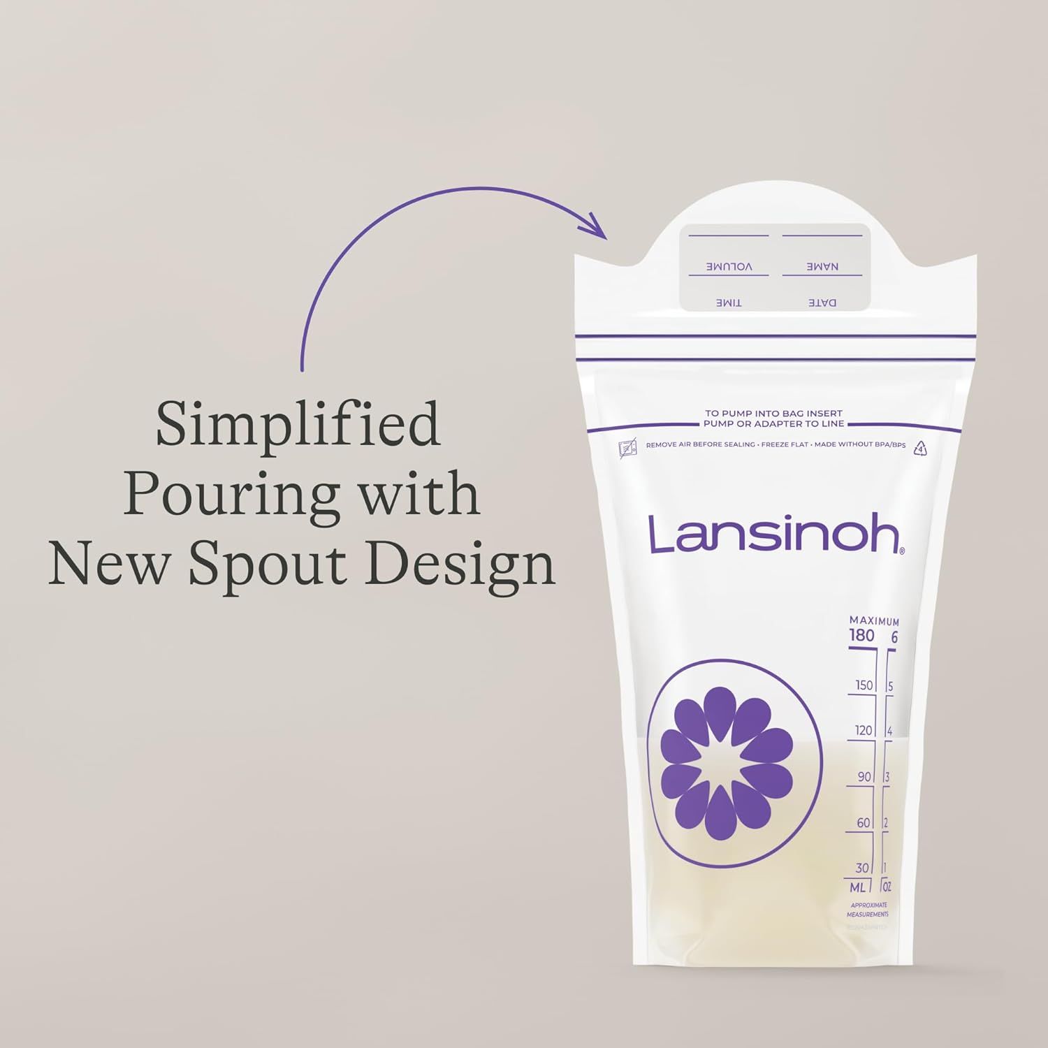 Highlights the product's new spout design feature to communicate ease of use and improved pouring functionality for breastmilk storage bags.