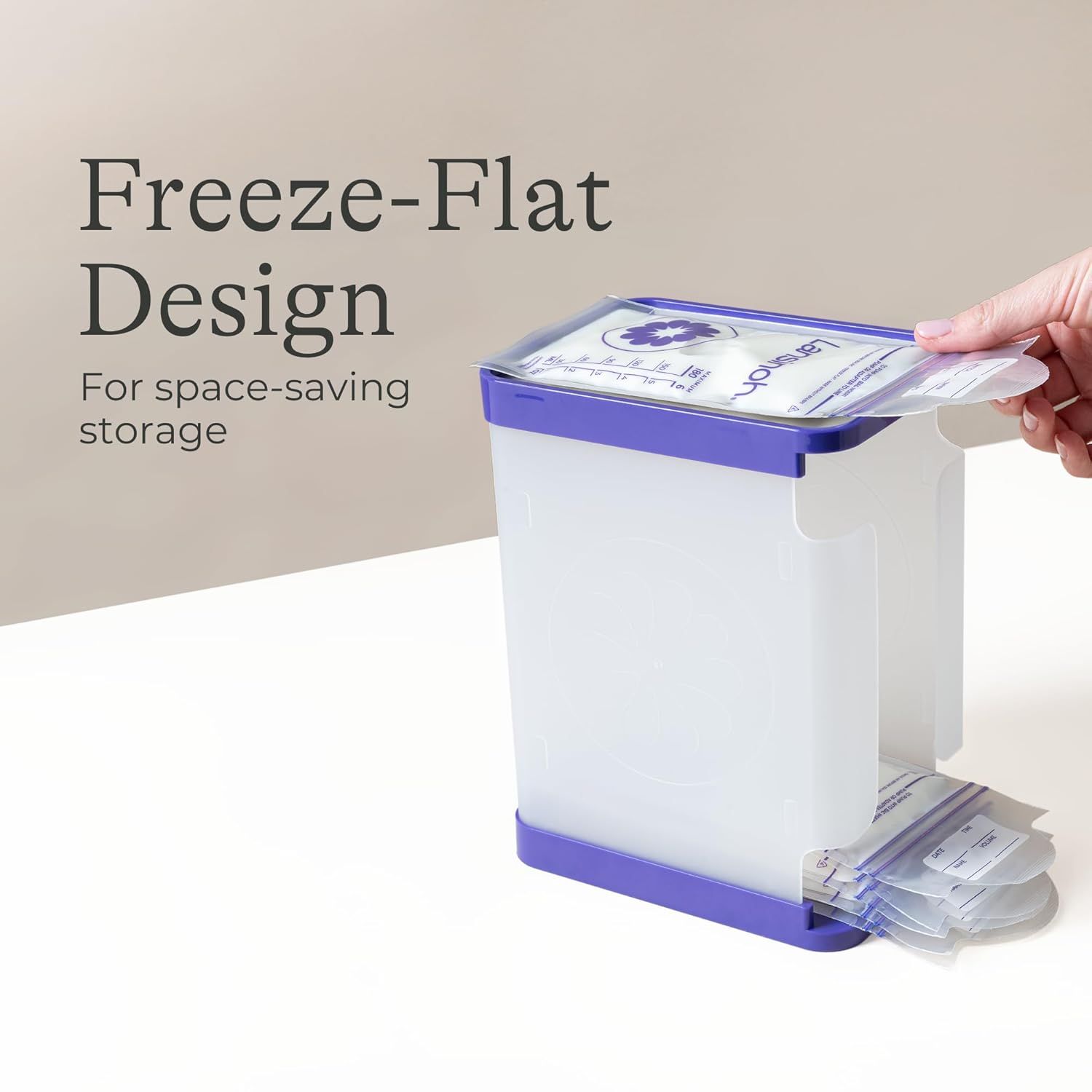 Communicates the product's freeze-flat design feature that enables space-saving storage, showing how the container flattens for efficient organization.