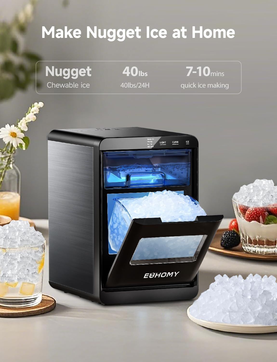 Communicates the product's high-capacity ice production (40 lbs per 24 hours) and fast ice-making speed (7-10 minutes) to demonstrate performance and efficiency for home use. Highlights the ability…