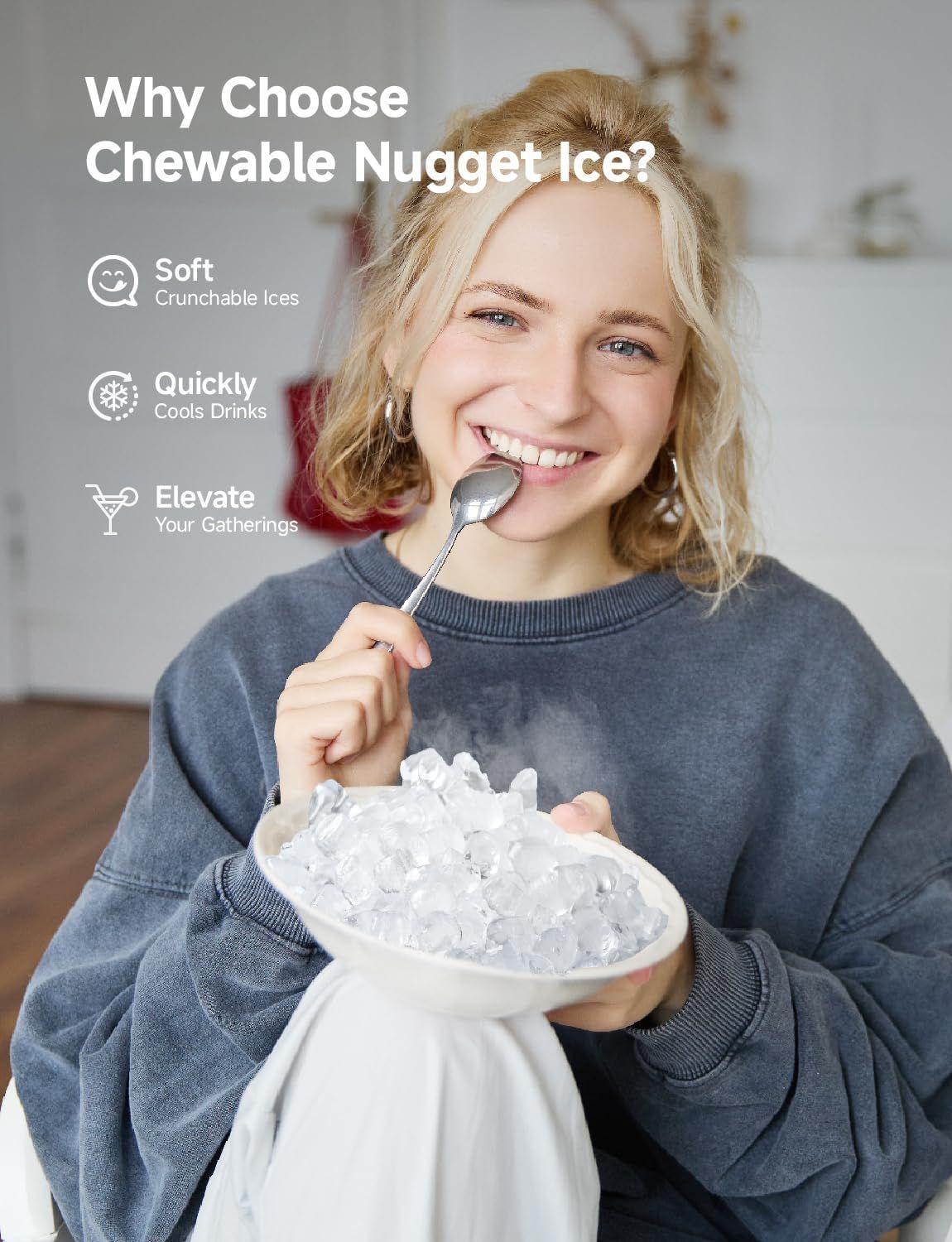 Communicates three distinct benefits of the chewable nugget ice product in a segmented layout to show why shoppers should choose this product.