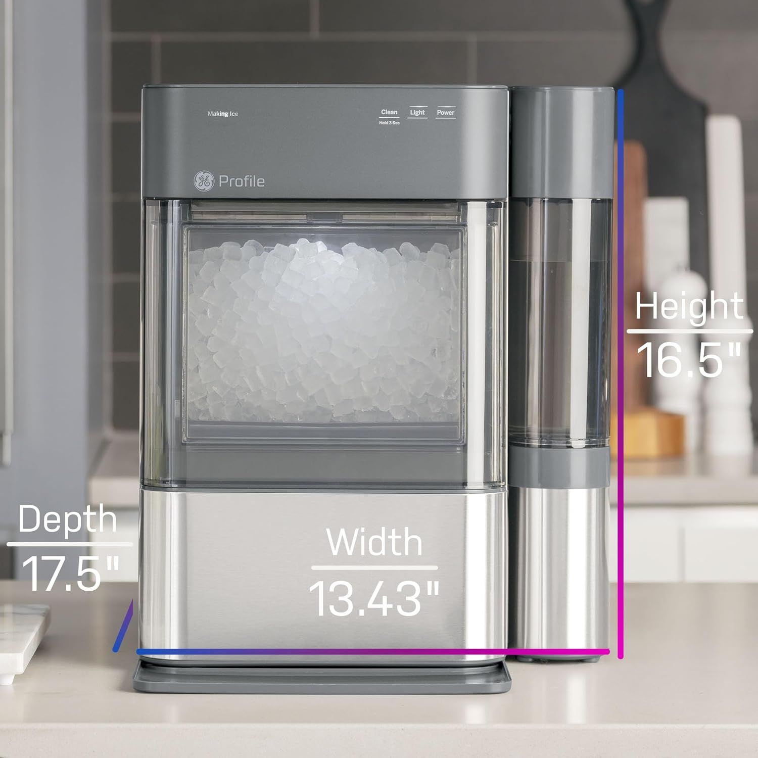 Communicates the exact physical dimensions of the ice maker to help shoppers determine if it will fit in their space.