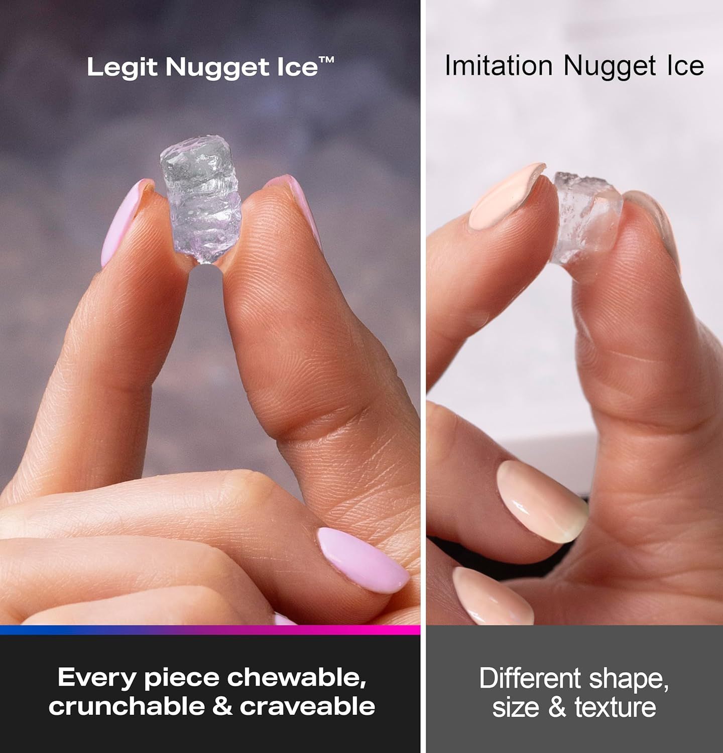 Demonstrates the superiority of the legitimate product versus imitation competitors by showing the visual and textural differences in ice quality, reassuring shoppers they are getting the authentic,…