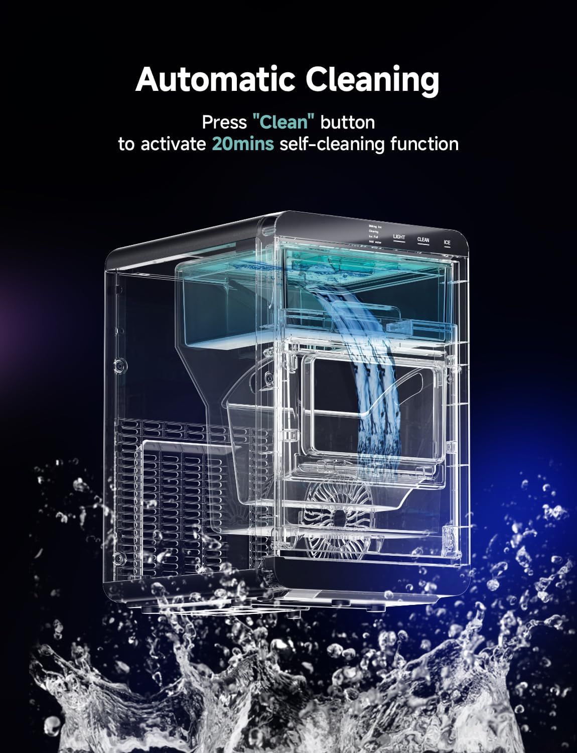 Explains how to activate the automatic cleaning feature by pressing the Clean button, reassuring shoppers that maintenance is simple and requires minimal effort. Highlights the convenience of the…