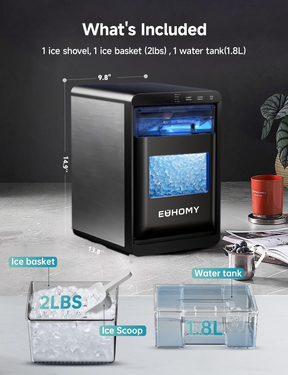 Shows the customer everything included with the ice maker purchase, including all accessories and components, to set clear expectations about what they will receive.