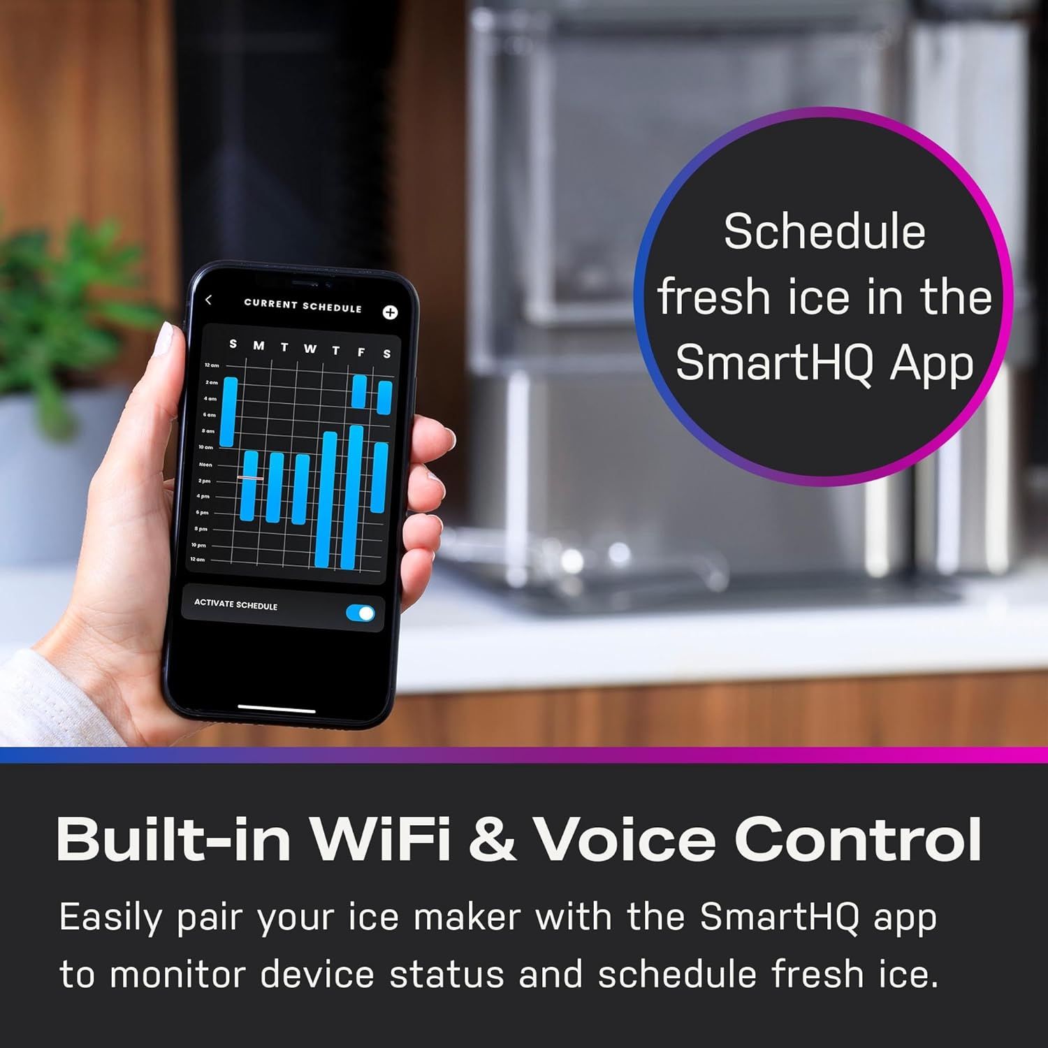 Communicates the smart connectivity feature of the ice maker, showing how users can schedule ice production and monitor the device remotely through the SmartHQ app.