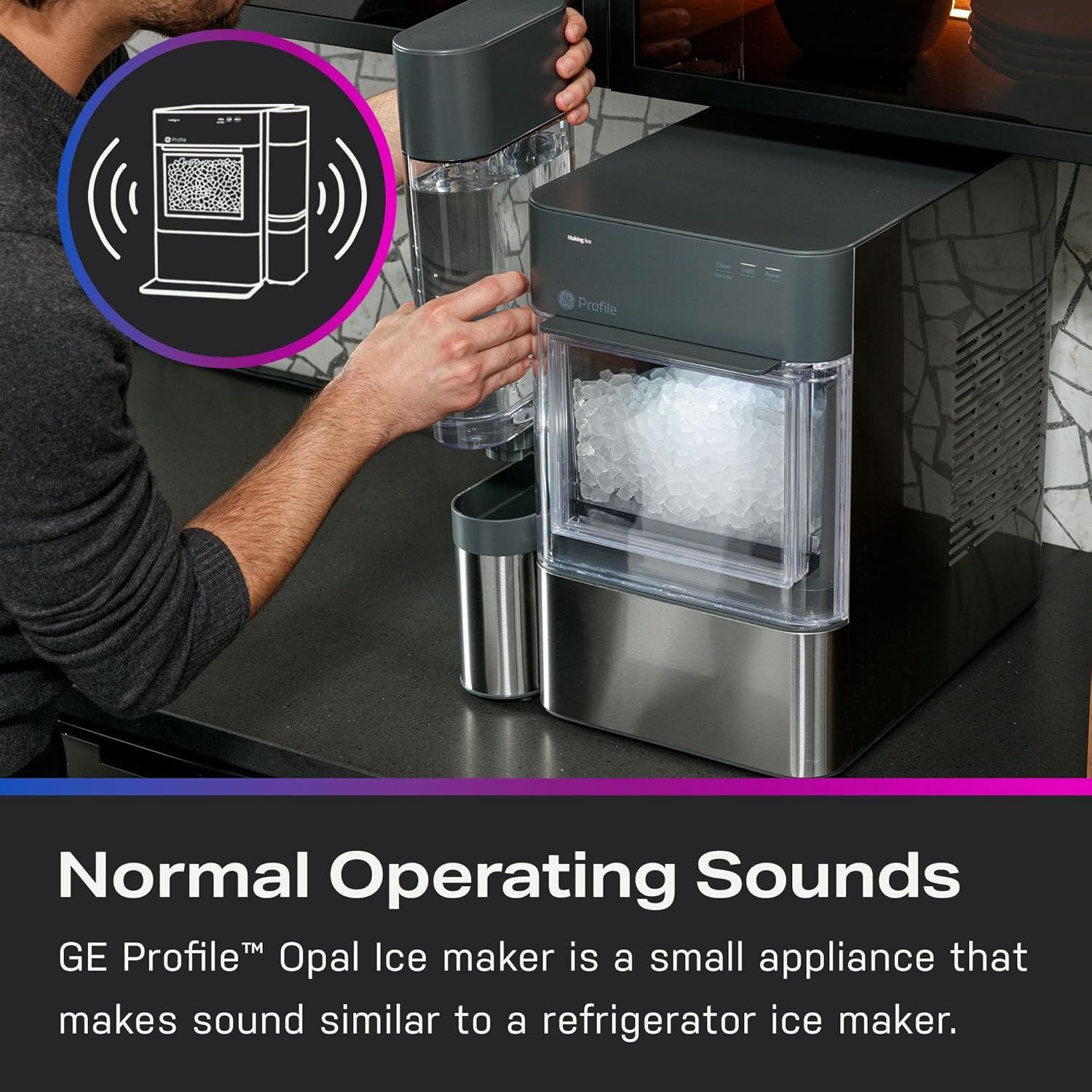 Reassures shoppers that the ice maker's operational noise is normal and similar to a refrigerator ice maker, addressing potential concerns about noise levels.