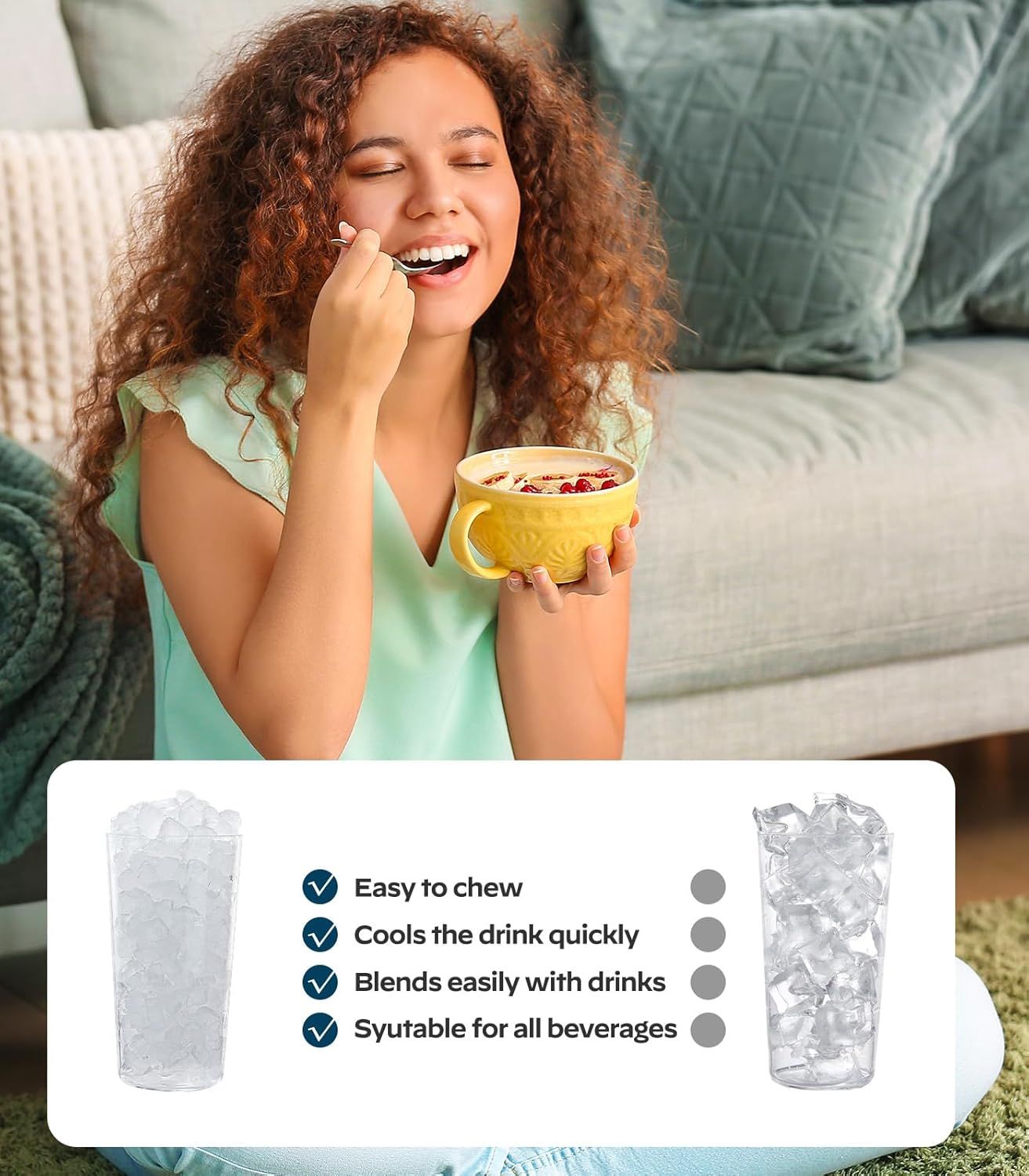 Communicates multiple distinct benefits of the ice product in a segmented checklist format to show versatility and performance across different use cases.