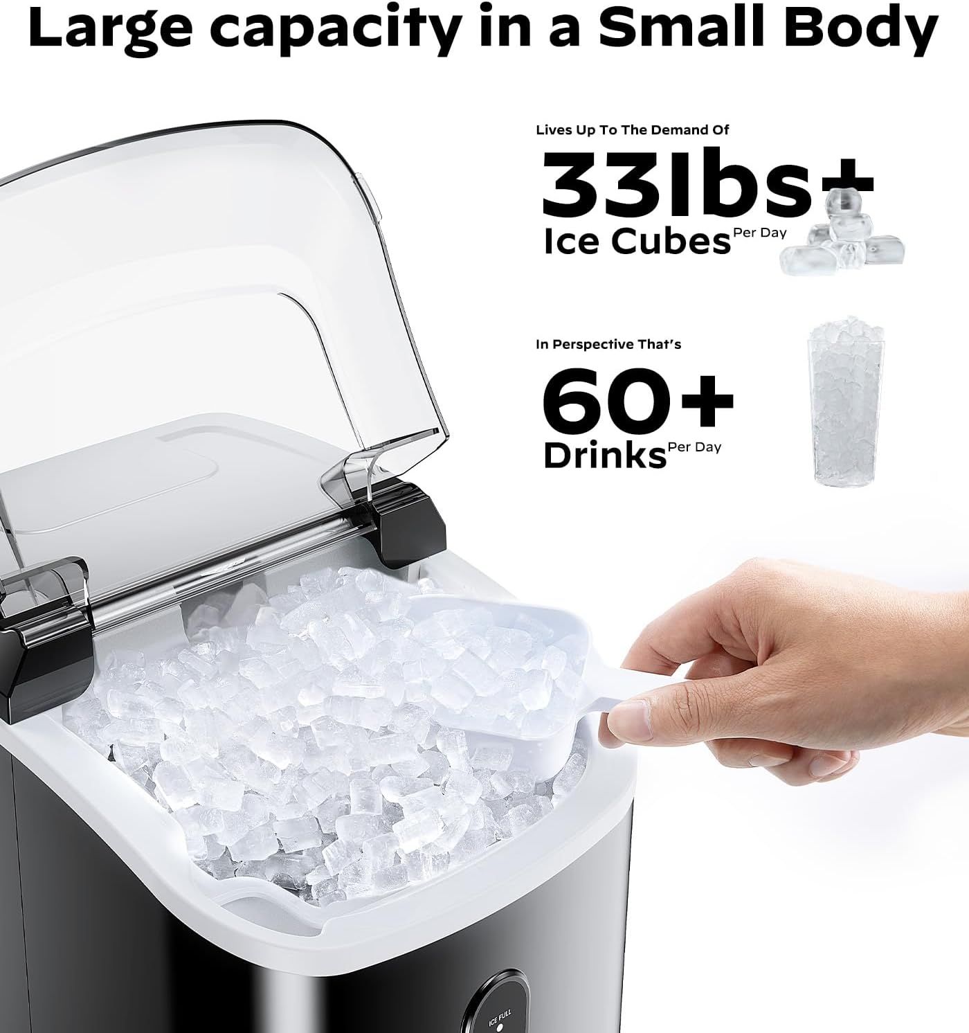 Communicates the product's impressive daily ice production capacity (33 lbs) and translates it into a relatable metric (60+ drinks per day) to help shoppers understand the practical value and high…