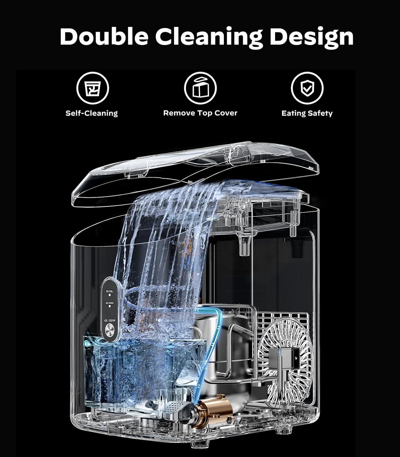 This image reveals the internal structure and cleaning mechanism of the product, showing how water flows through the system and highlighting the self-cleaning design, removable cover, and safety…