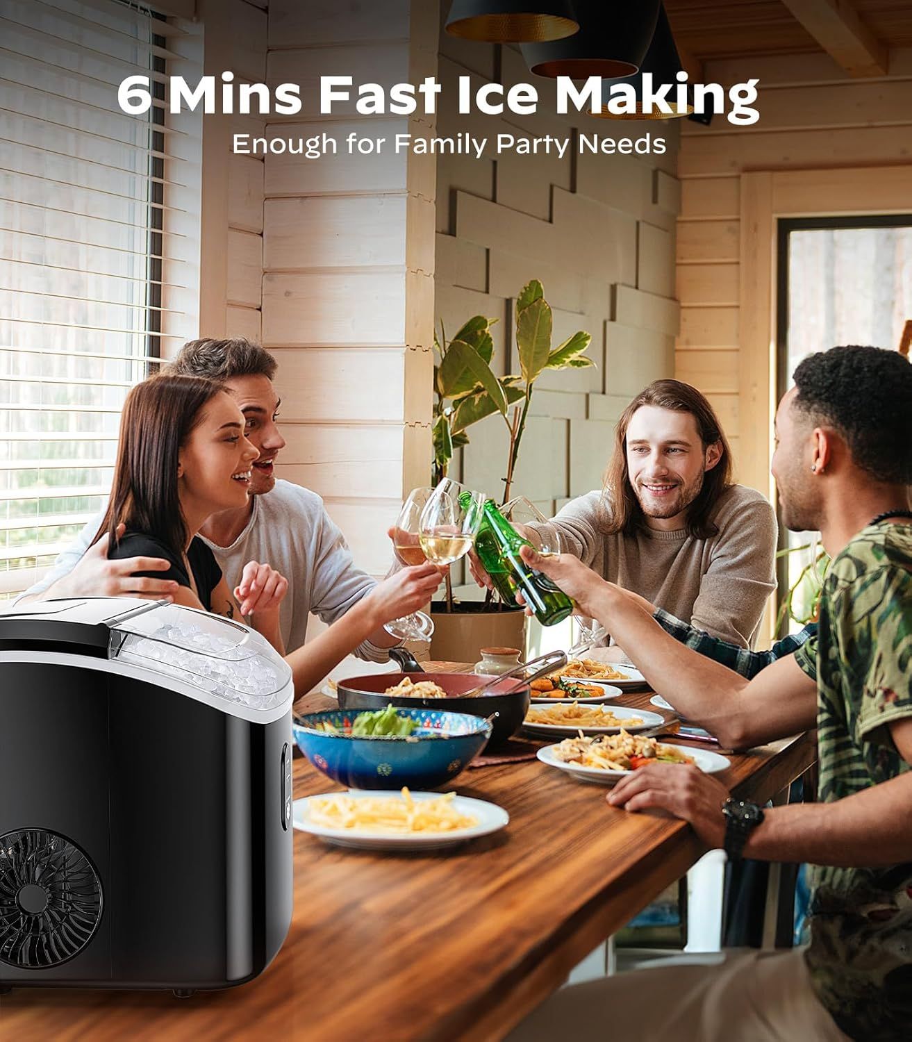 Communicates the product's quick ice-making capability (6 minutes) to reassure shoppers that it can meet family party needs efficiently. Highlights the convenience and speed of ice production as a…