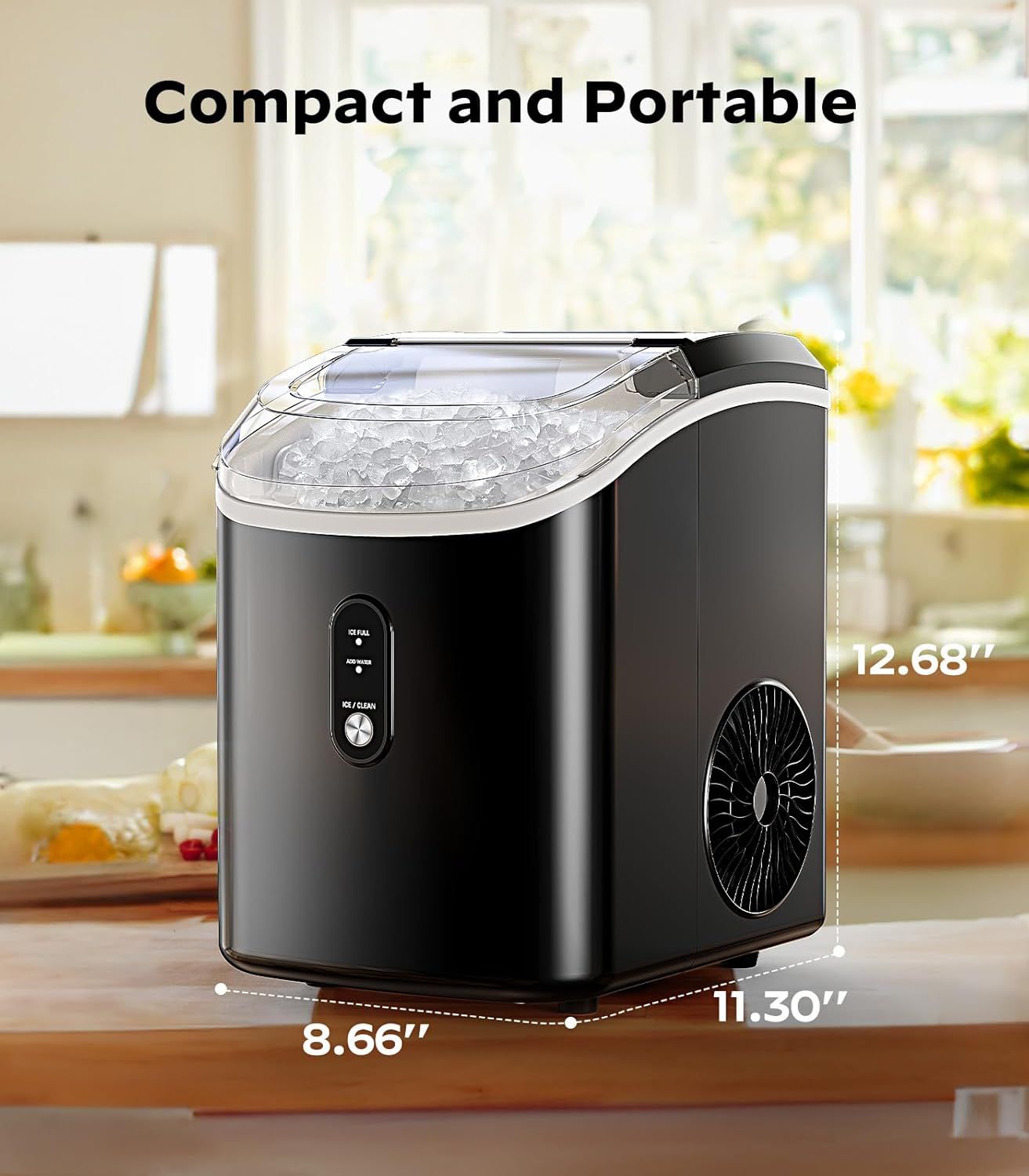 Communicates the physical dimensions of the ice maker to help shoppers understand its compact footprint and confirm it will fit in their kitchen space. Reinforces the product's portability and…
