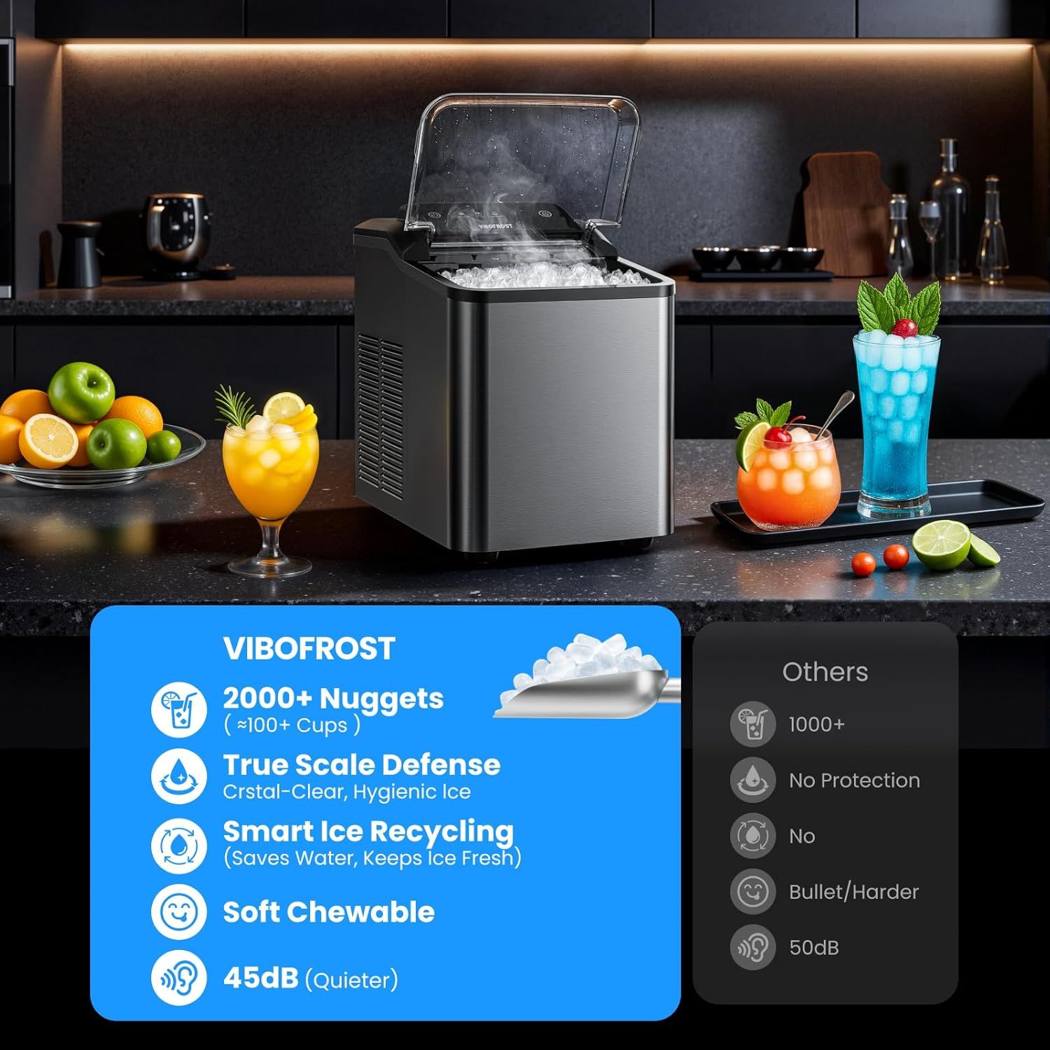 Demonstrates the product's superiority over competing ice makers by highlighting five key advantages: higher ice capacity (2000+ nuggets vs 1000+), scale defense protection, smart ice recycling,…