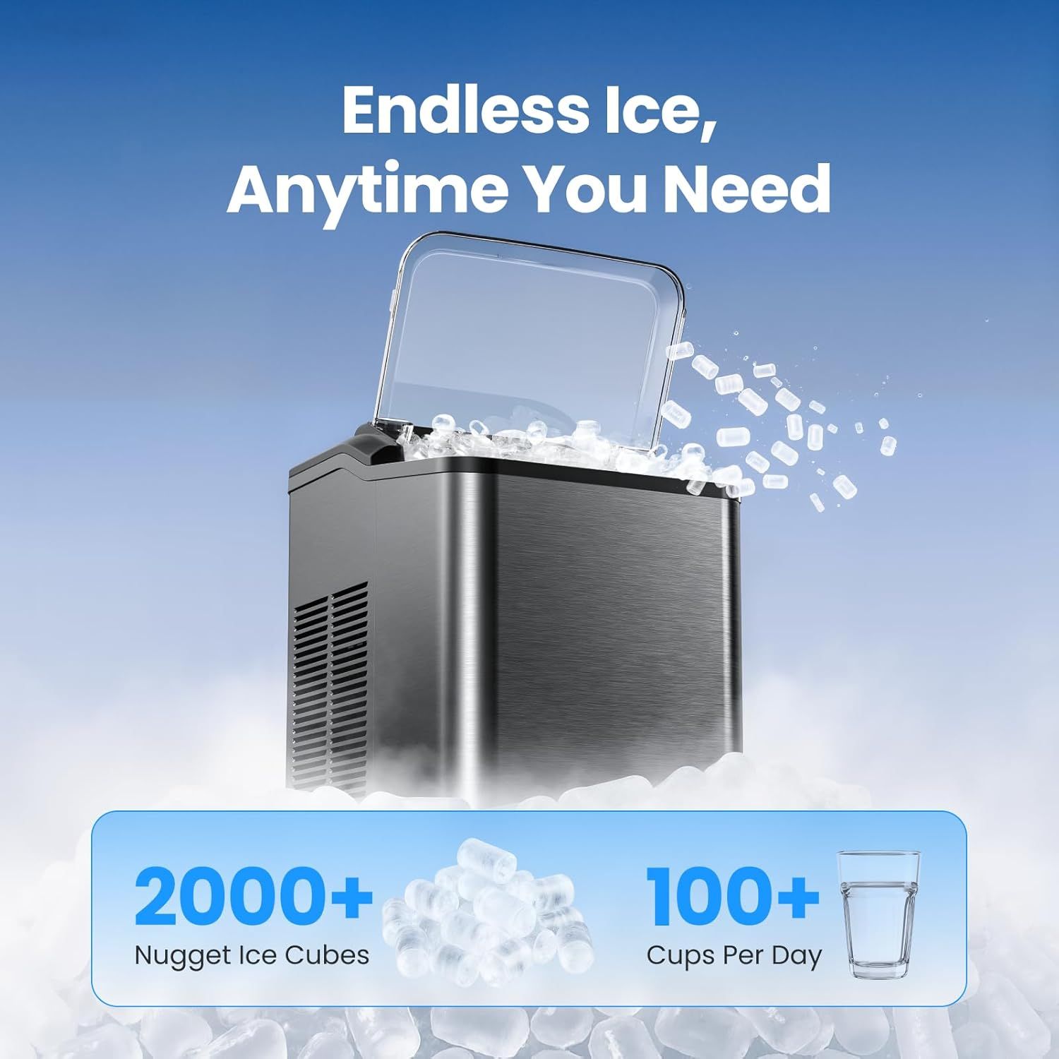 Communicates the ice maker's high capacity with quantifiable stats (2000+ nugget ice cubes, 100+ cups per day) to reassure shoppers of continuous ice availability and performance. Highlights the…