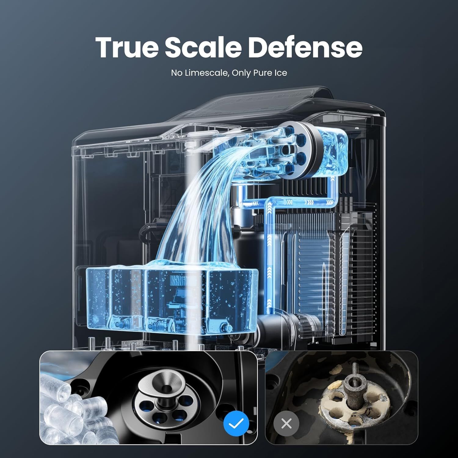 Demonstrates the internal mechanism and water circulation system of the ice maker, highlighting how it prevents limescale buildup by producing only pure ice. Communicates the key benefit that the…