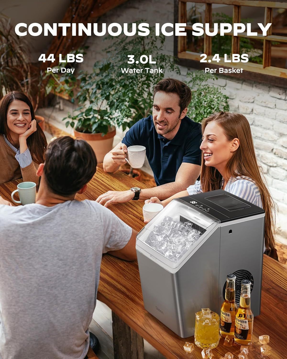 Communicates the ice maker's performance specifications with three key quantifiable metrics (44 lbs daily production, 3.0L water capacity, 2.4 lbs basket size) to help shoppers understand the…