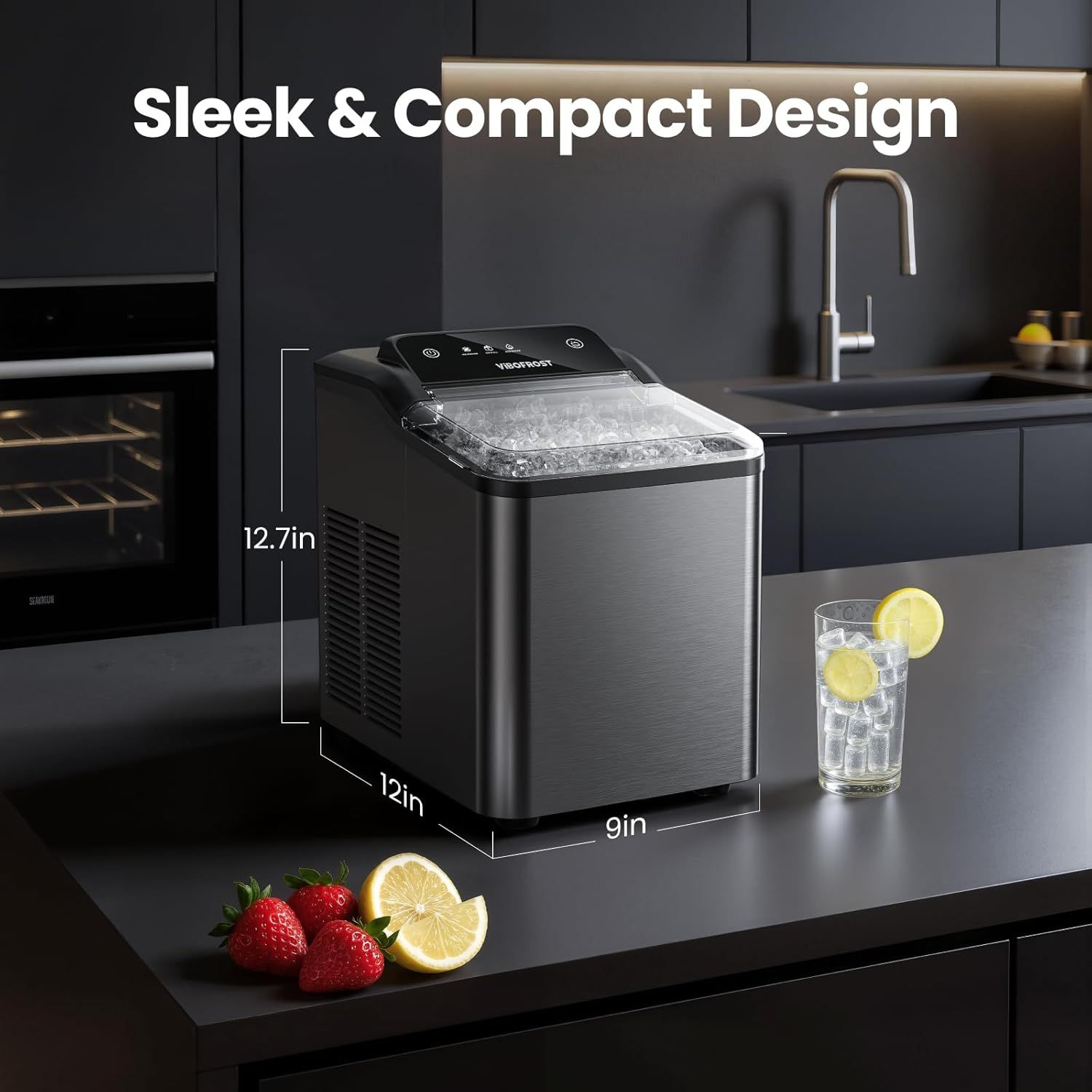 Communicates the physical footprint of the ice maker (12.7in x 12in x 9in) to reassure shoppers it will fit on their countertop without taking up excessive space. Highlights the product's…