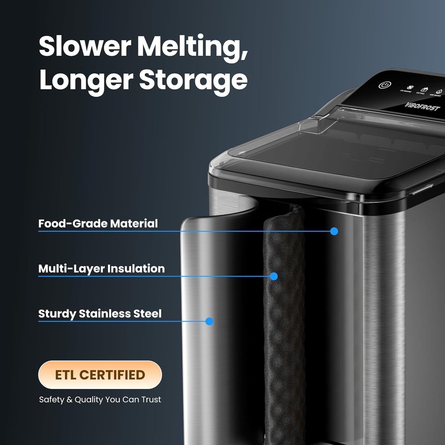Breaks down the physical construction of the ice maker to show the quality materials and insulation layers that enable slower melting and longer ice storage, while also highlighting ETL safety…