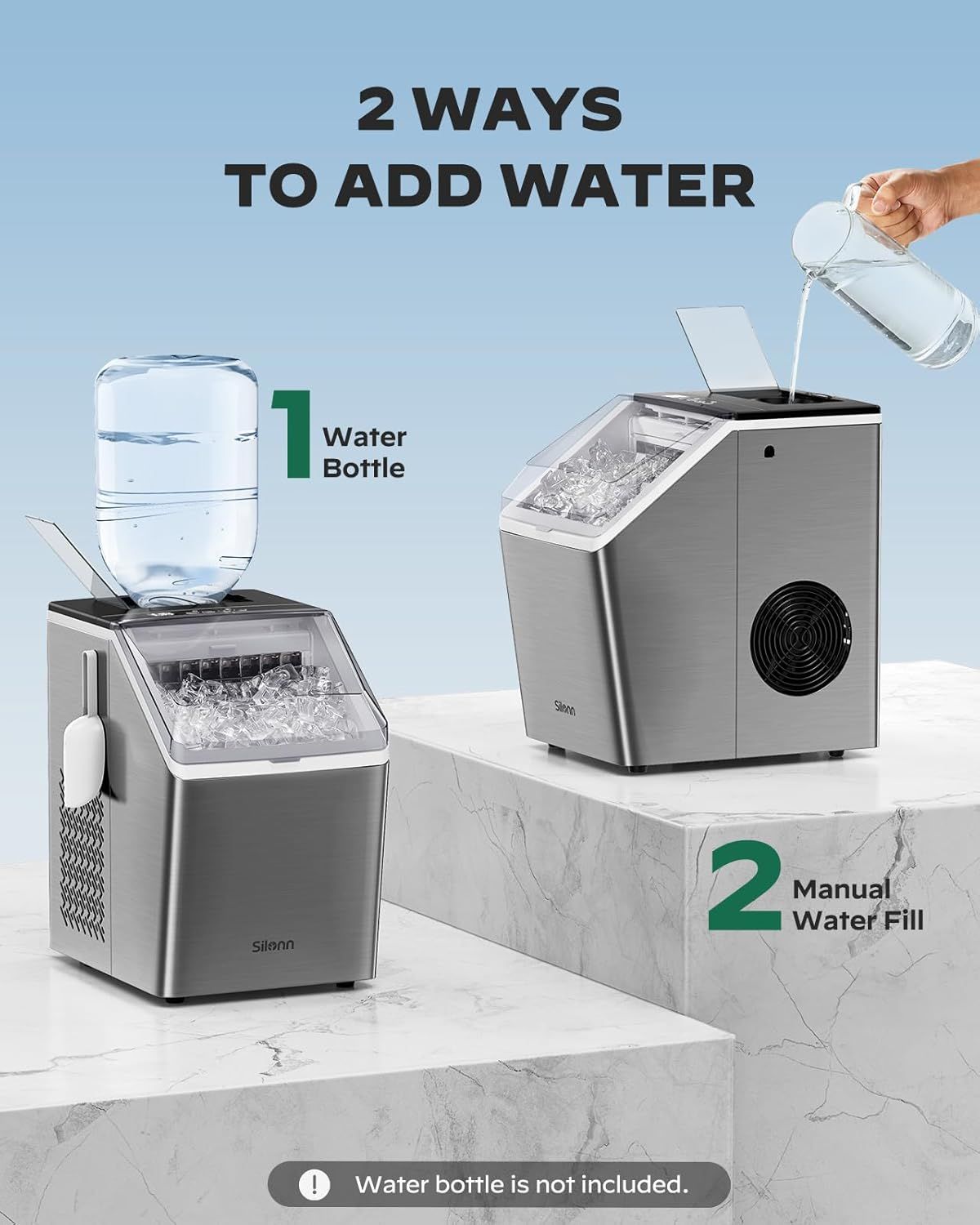 Demonstrates the two ways users can add water to the ice maker: using a water bottle attachment or manually pouring water, helping shoppers understand setup flexibility and ease of use. Shows the…
