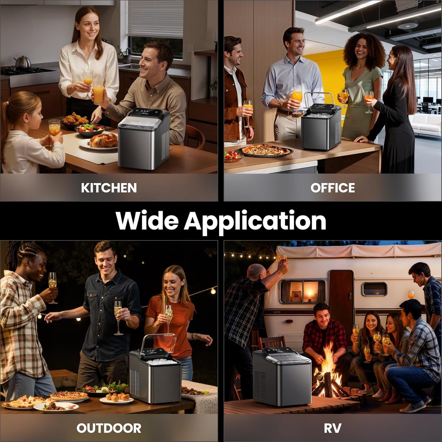 Demonstrates the product's versatility by showing it can be used effectively in four different environments—home kitchen, office, outdoor gatherings, and RV camping—reassuring shoppers that it's a…