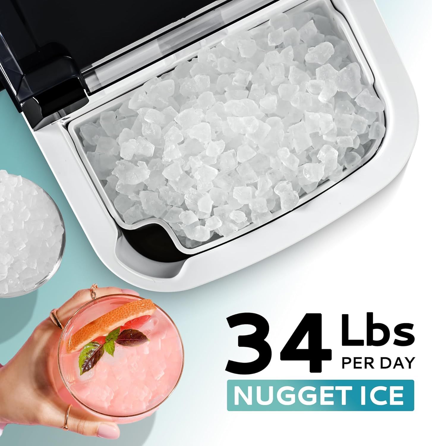 Communicates the ice maker's high daily output capacity of 34 lbs to reassure shoppers they'll have plenty of nugget ice for drinks and entertaining. Highlights the product's ability to produce…