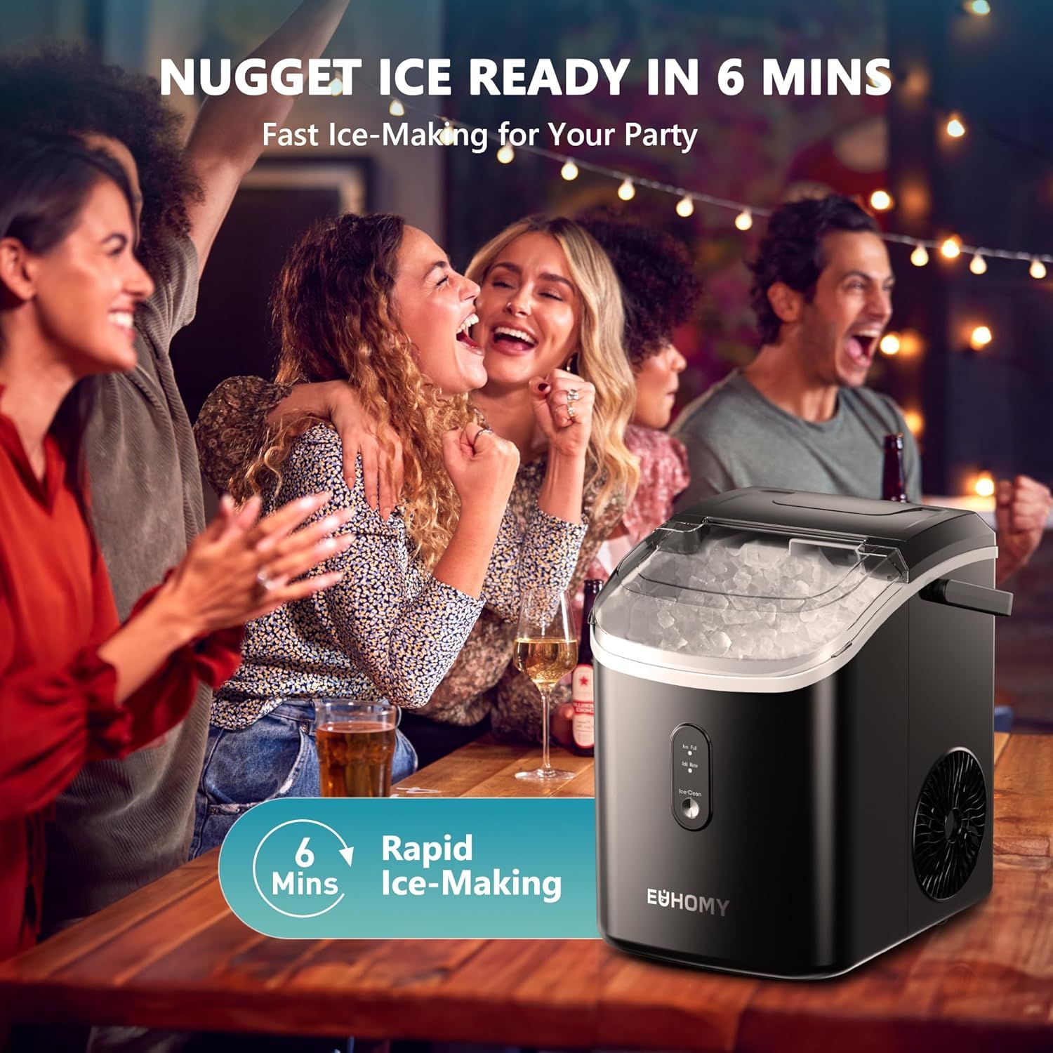 Communicates the product's rapid ice-making capability to emphasize convenience and speed for party hosting and entertaining. Highlights the key benefit of quick ice production in a party context,…