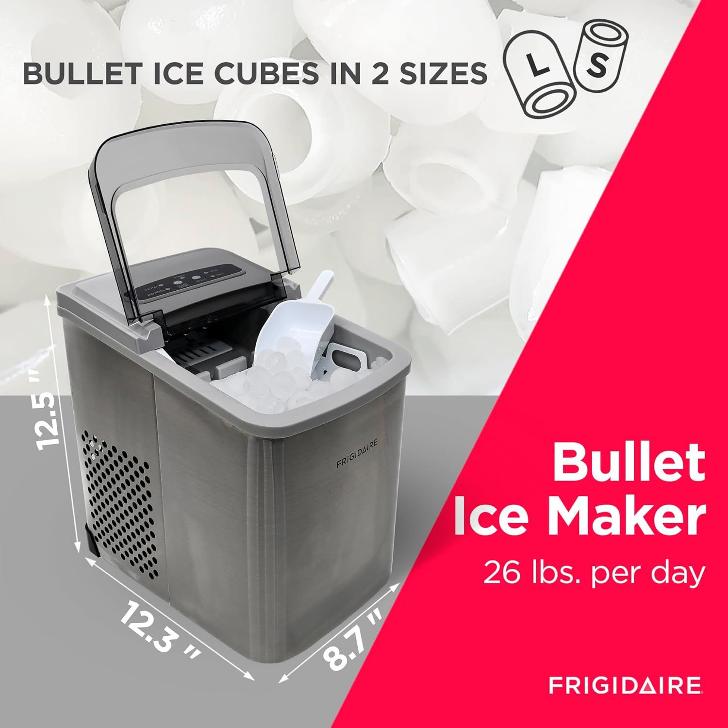 Communicates the exact physical dimensions of the ice maker (12.5" x 8.7" x 12.5") to help shoppers understand if it will fit in their space. Highlights the ice maker's performance capacity of 26…