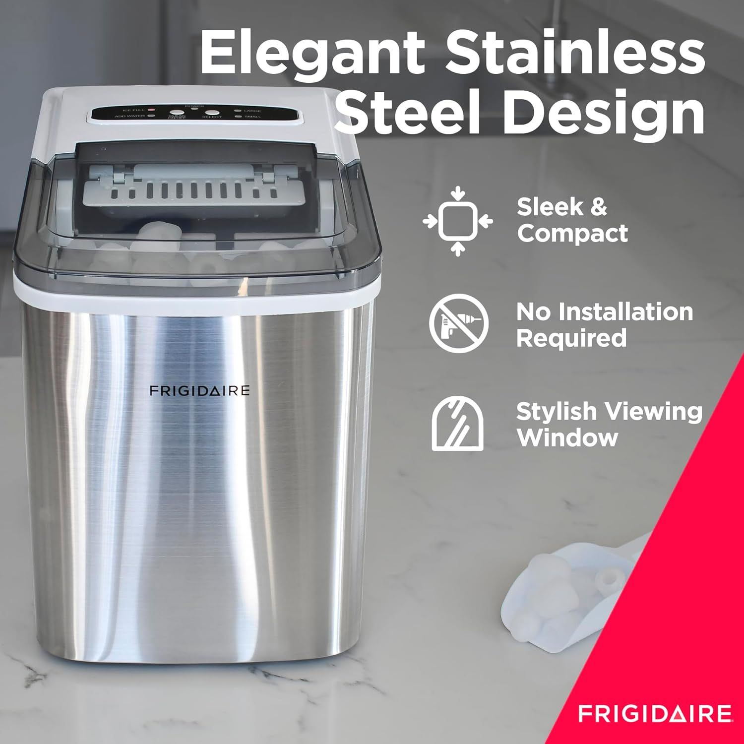 Communicates multiple key benefits of the ice maker including its elegant design, compact size, ease of setup, and viewing window to help shoppers understand why this product is a great choice for…