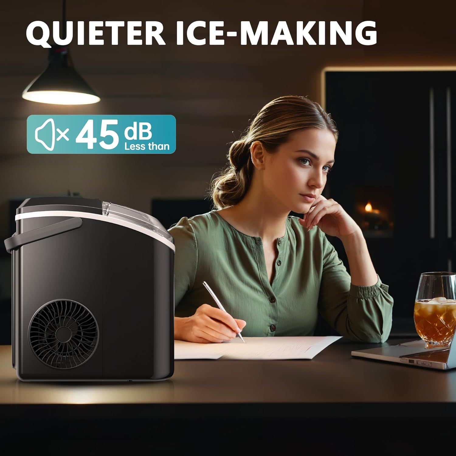 Communicates that the ice maker operates at a low noise level (less than 45dB), reassuring shoppers that it won't disrupt their home or work environment. Highlights the quiet ice-making feature as a…
