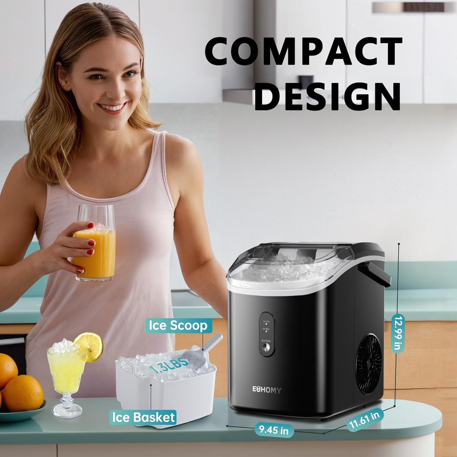 Communicates the product's compact footprint with exact dimensional measurements to reassure shoppers it will fit in their kitchen space. Highlights the ice maker's compact, space-saving design as a…
