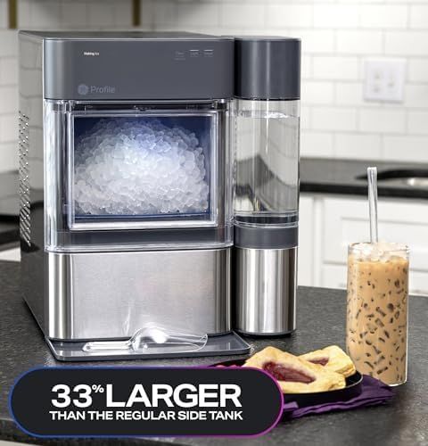 Communicates the ice maker's larger side tank capacity compared to a regular model, emphasizing greater convenience and less frequent refilling. Highlights the benefit of a larger water tank,…