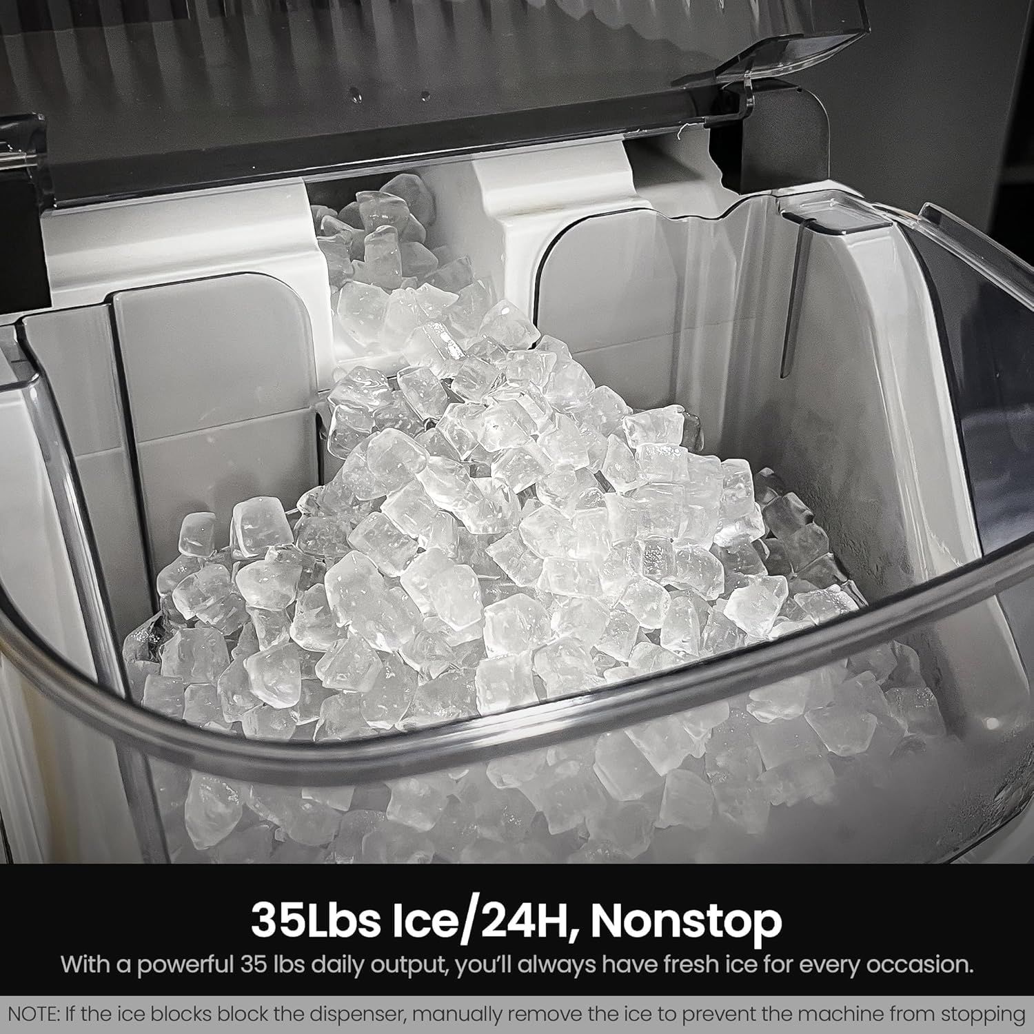 Communicates the product's high-volume ice production capability (35 lbs per 24 hours) to reassure shoppers they'll have sufficient ice supply for any occasion. Highlights the continuous ice…