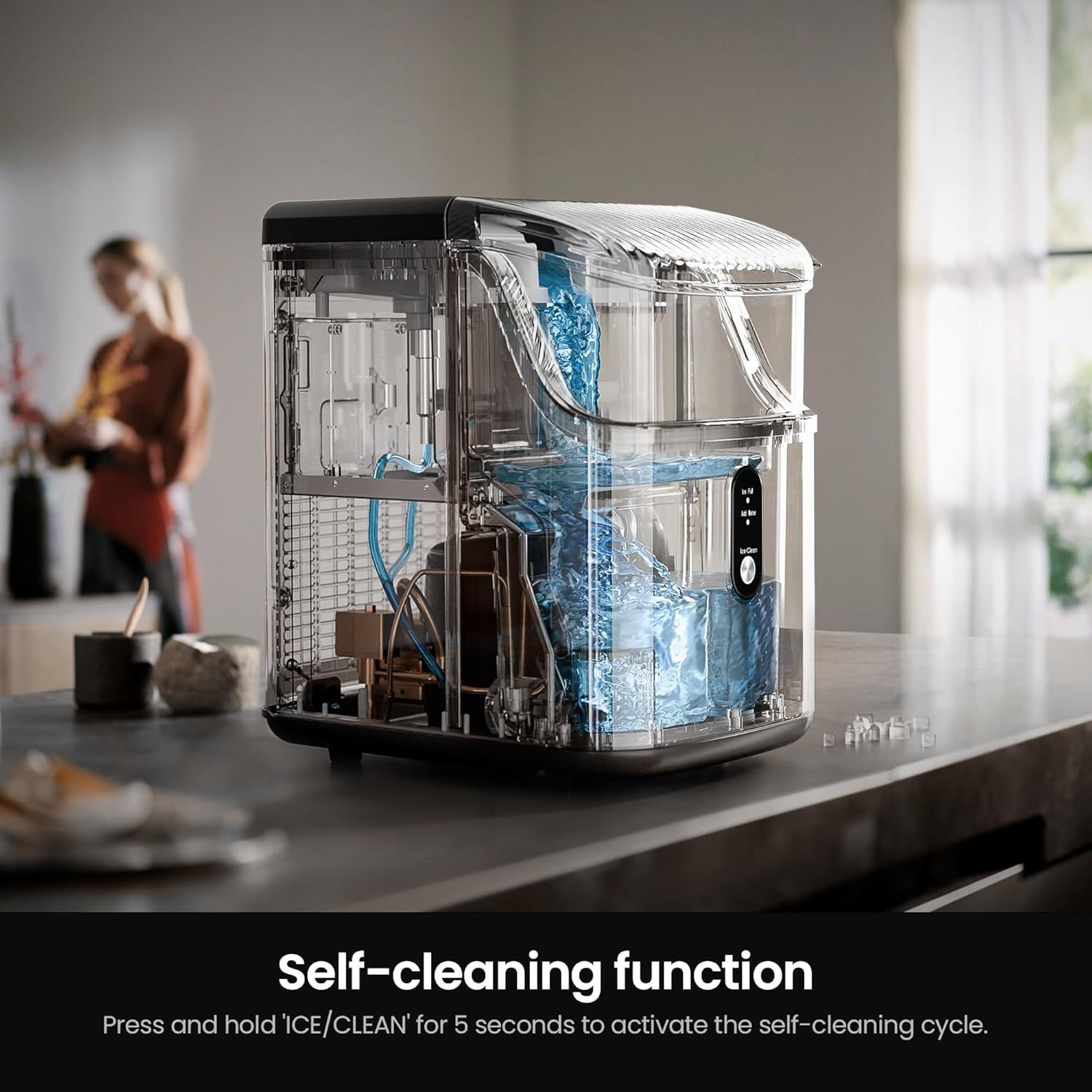 Instructs shoppers on how to activate the self-cleaning cycle by pressing and holding the ICE/CLEAN button for 5 seconds, demonstrating ease of maintenance. Highlights the self-cleaning feature as a…