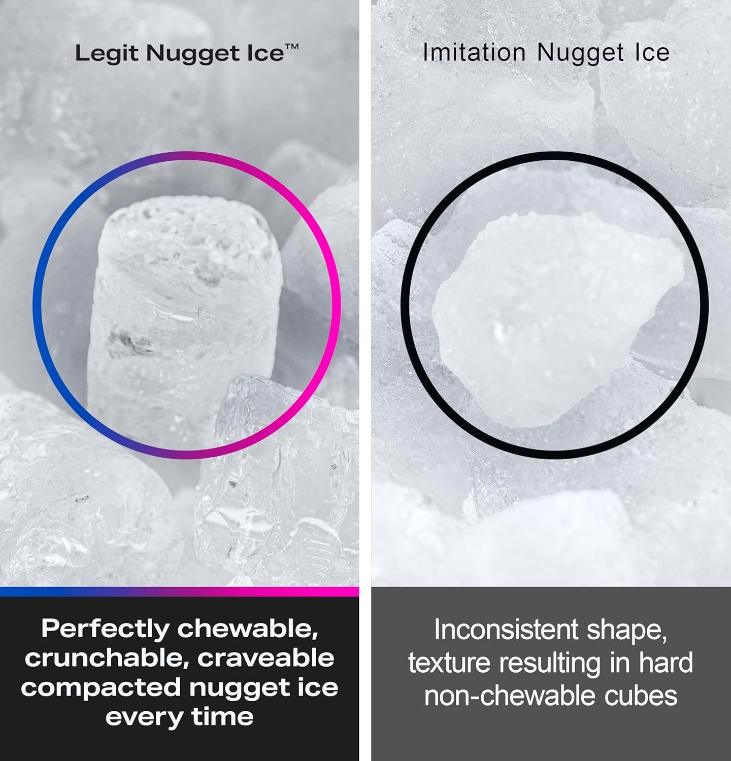 Demonstrates the superiority of the brand's nugget ice over imitation products by showing the difference in texture, shape, and chewability to reassure shoppers they are getting authentic,…