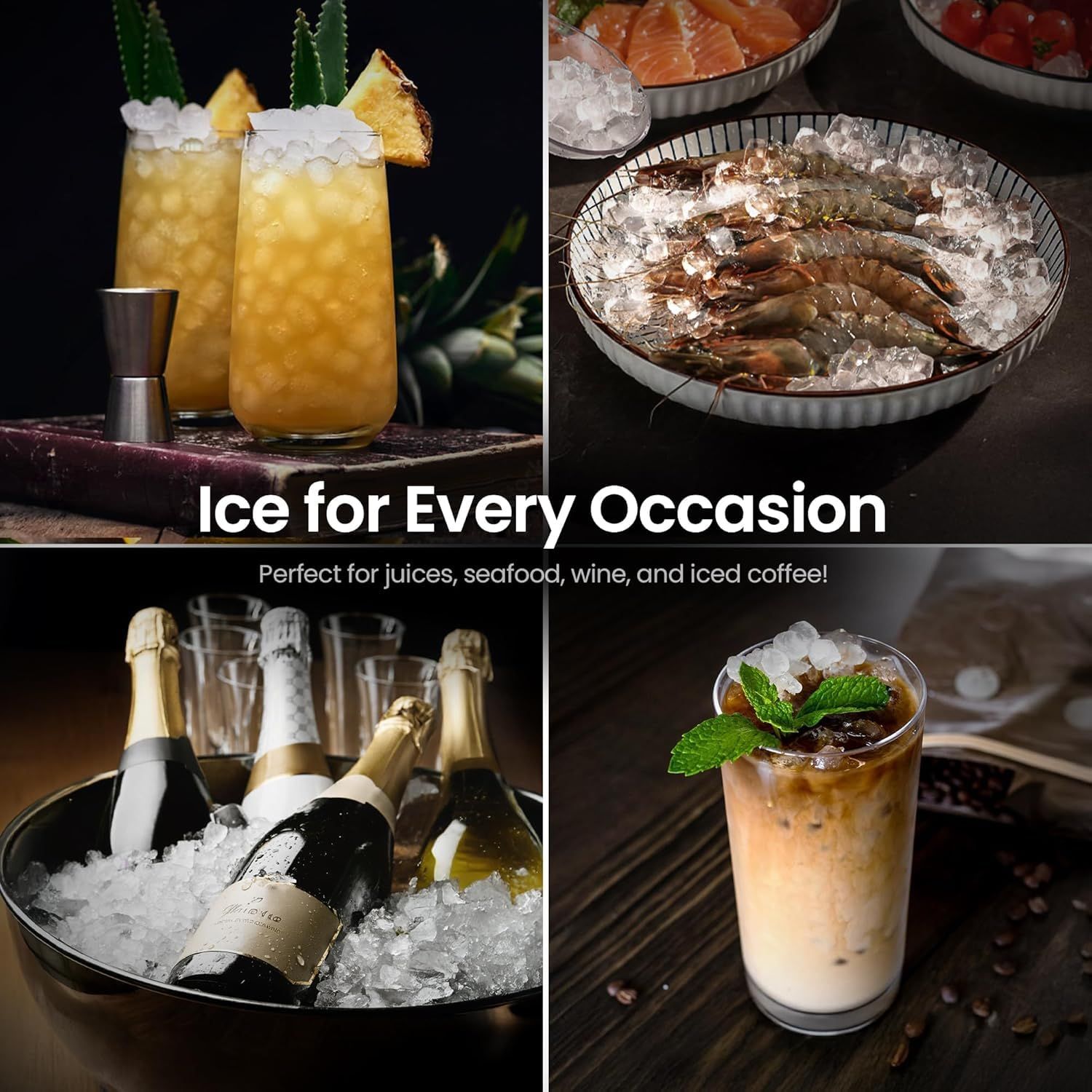 Demonstrates the versatility of the ice product by showing it used across multiple beverage and food contexts, from tropical drinks to seafood presentation to wine service to iced coffee.